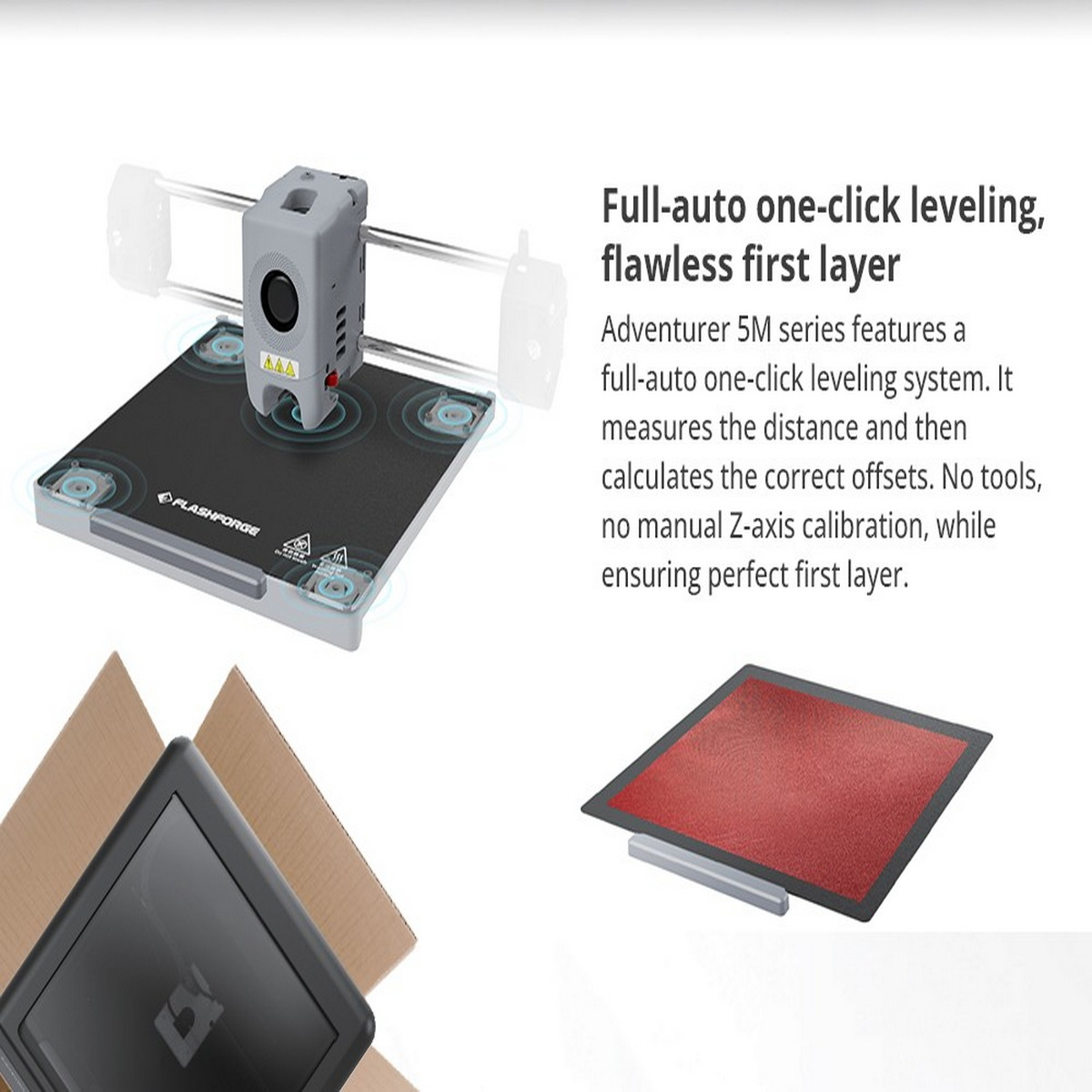 3D-Drucker mit schwarzem Druckbett und grauem Druckkopf. Text zeigt One-Click-Leveling.