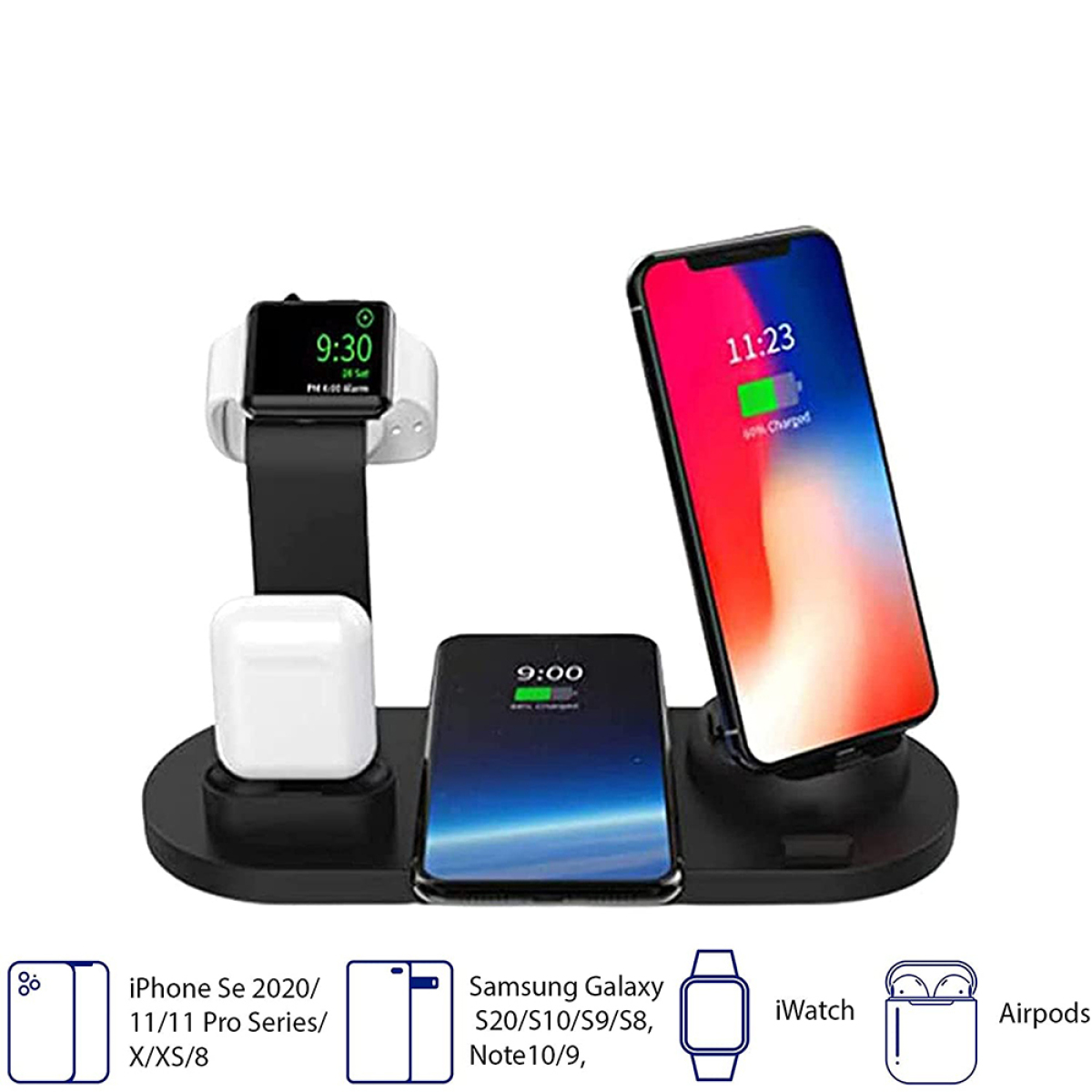 Schwarze Ladestation mit Telefon, Uhr und Ohrhörern. Displays zeigen Ladestatus an. Enthält Symbole von Telefon, Uhr und Ohrhörern.
