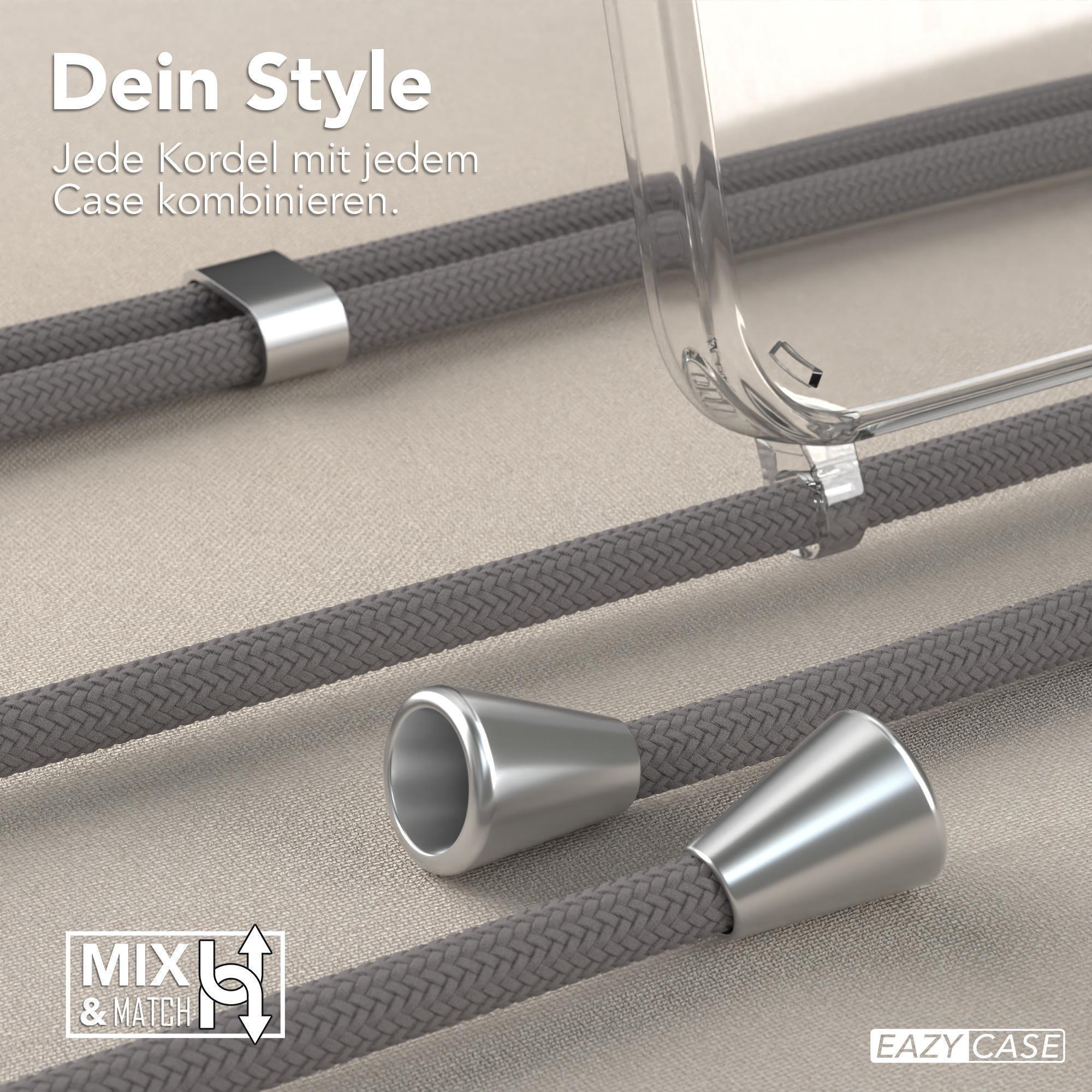 Nahaufnahme von grau geflochtenen Kordeln mit silbernen Metallverbindern. Text: 'Dein Style'.