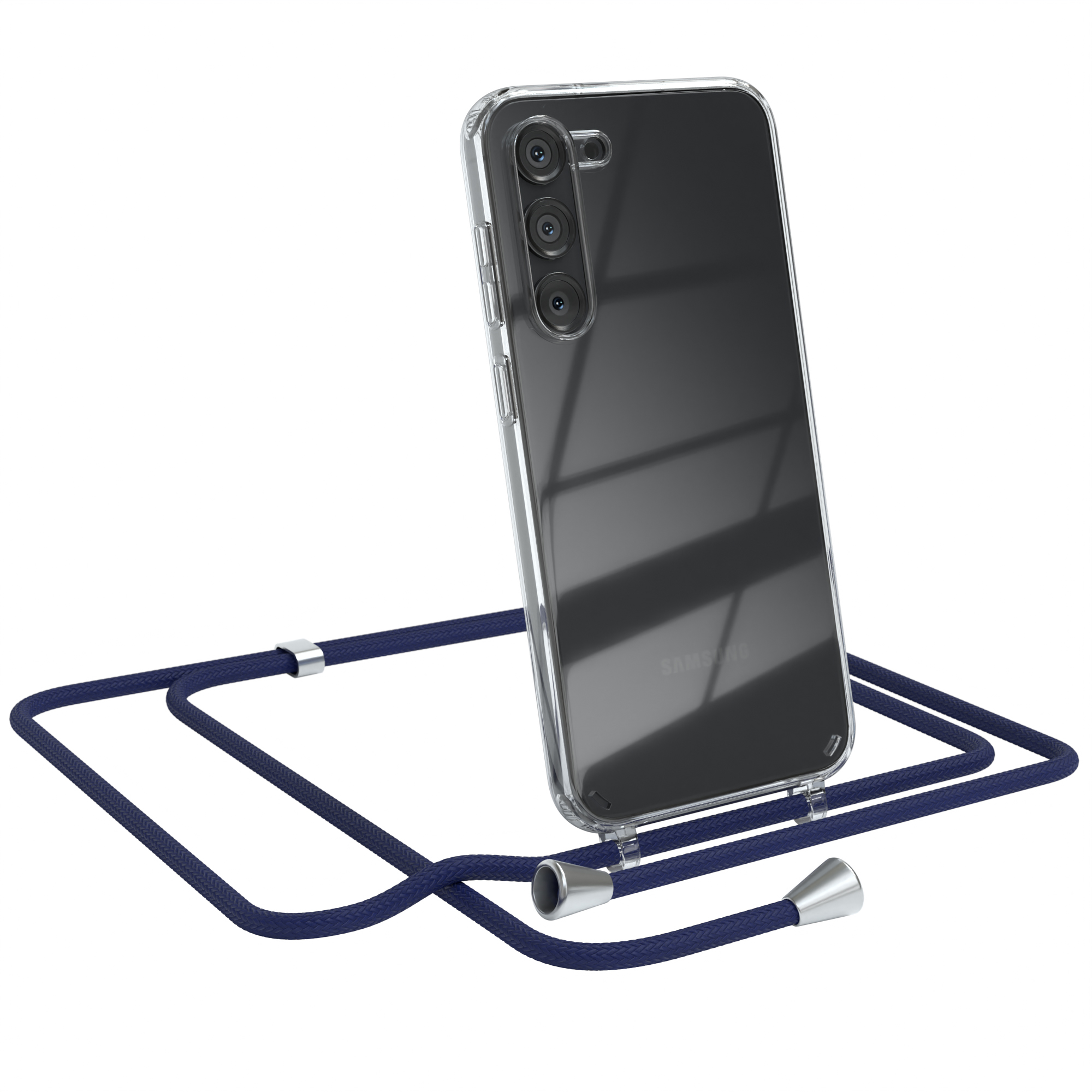 Transparente Handyhülle mit dunkelblauem Schlüsselband. Telefon ist Samsung Galaxy.