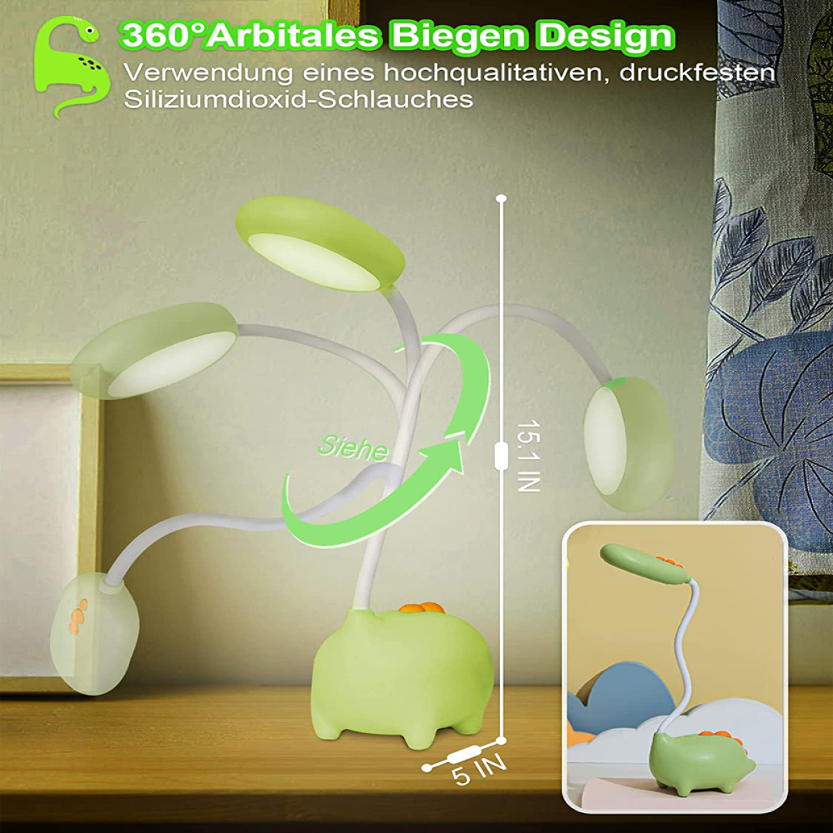 Grüne Schreibtischlampe im Dinosaurier-Design mit flexiblen Armen, 15 Zoll, auf einem Tisch.