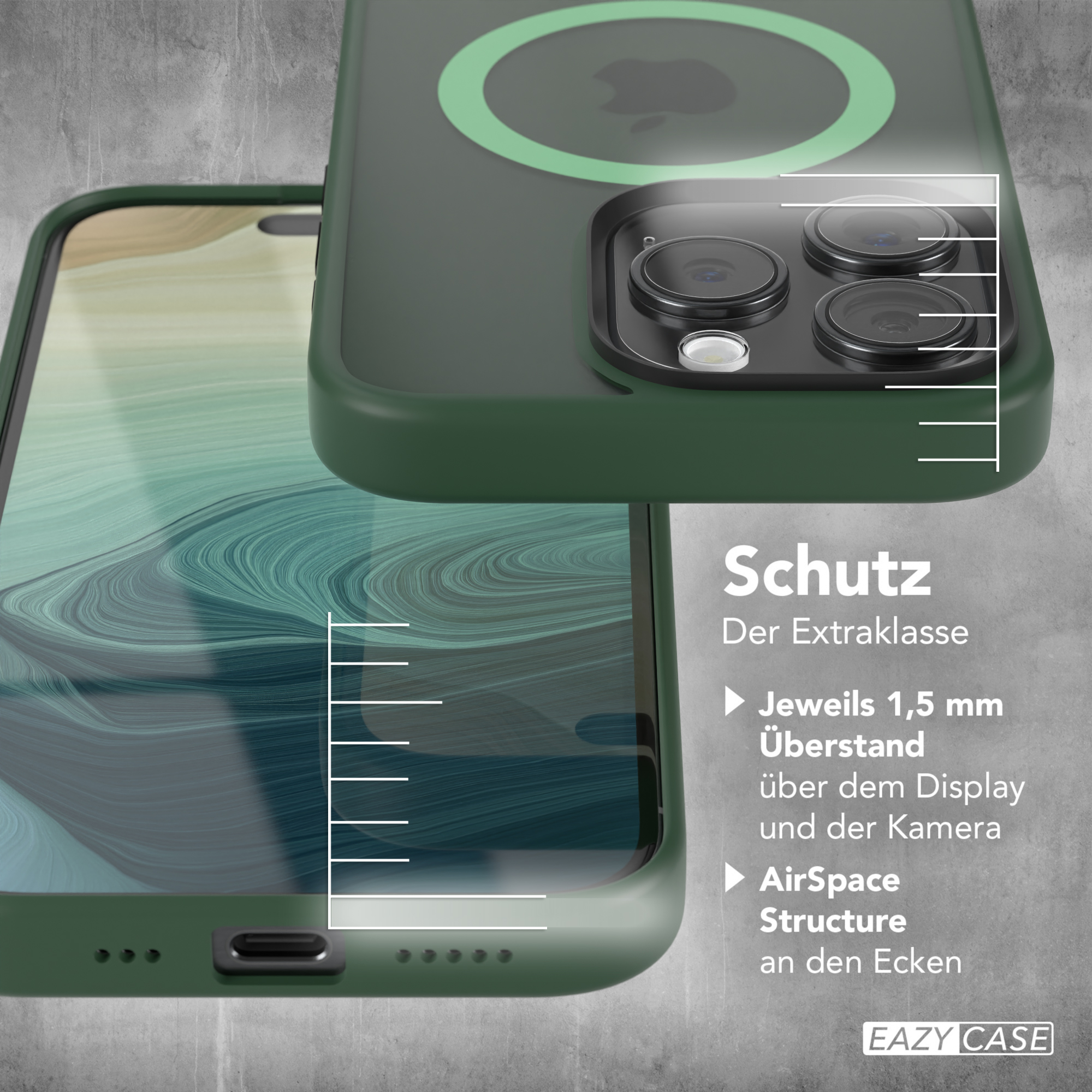 Grüne Handyhülle. Es hat einen Kameraring und Text über Schutz und Struktur.