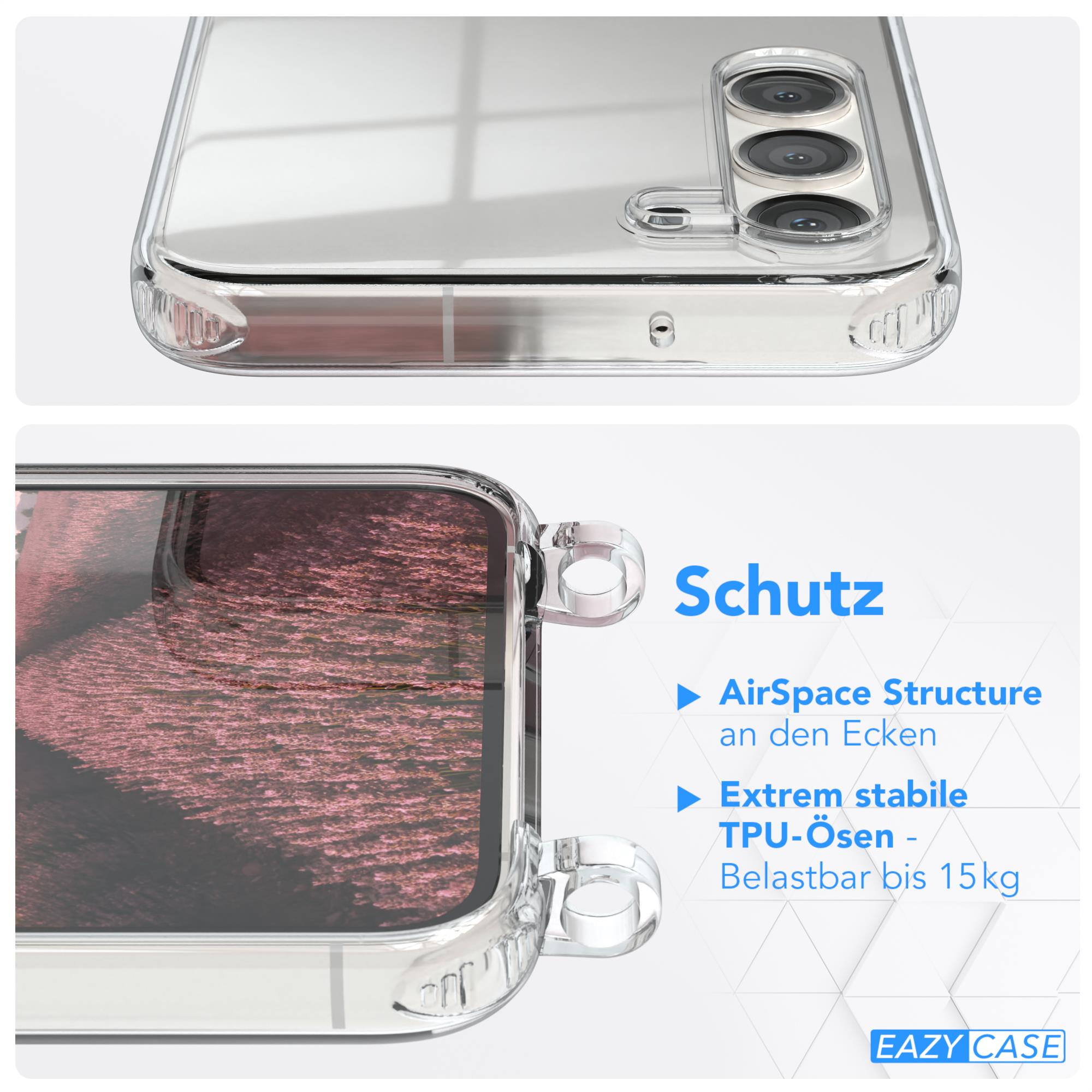 Transparente Handyhülle mit Holzmaserung, Nahaufnahme der Kanten und Rückseite.