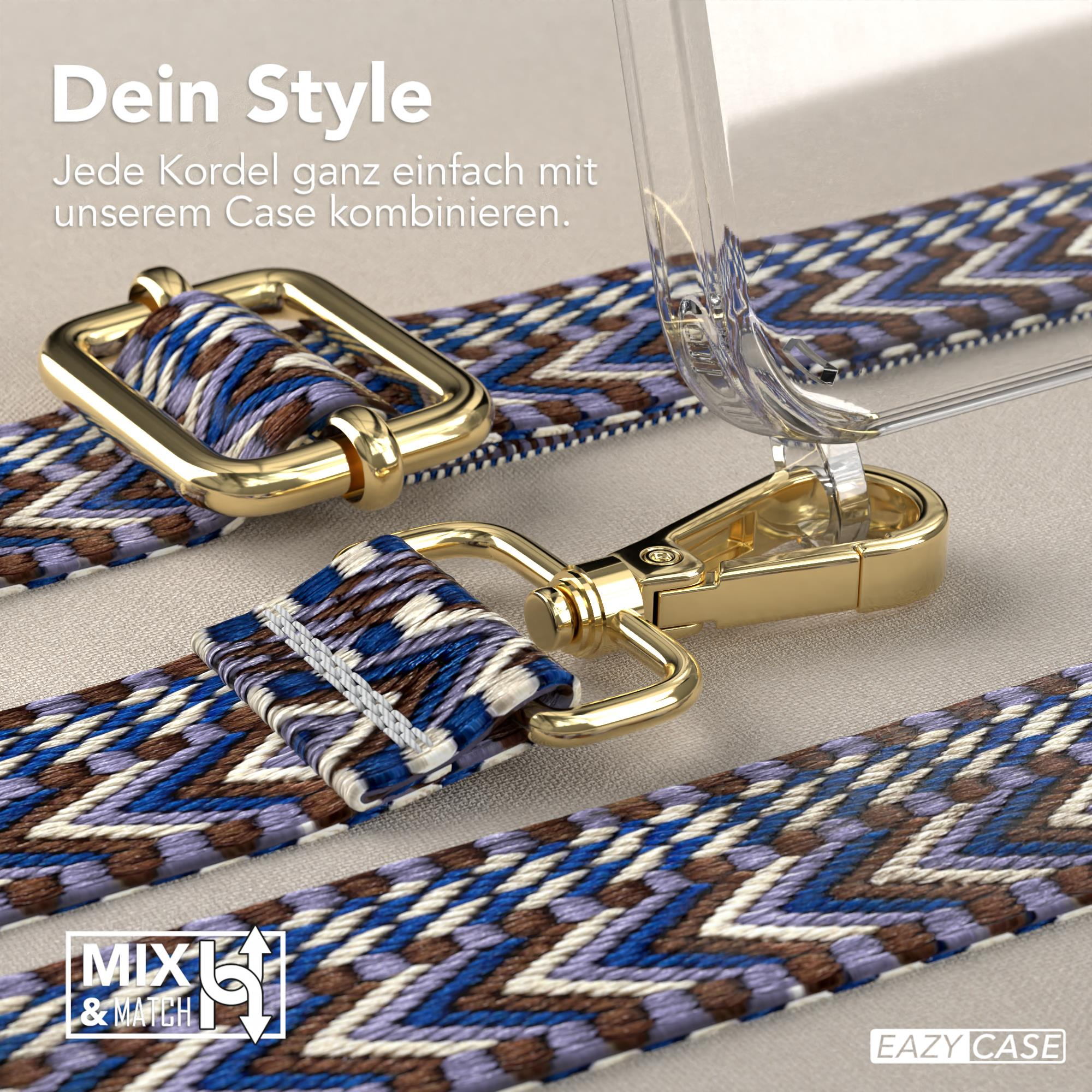 Ein gewebter Riemen mit goldener Hardware, eine transparente Handyhülle und Text: Dein Style.