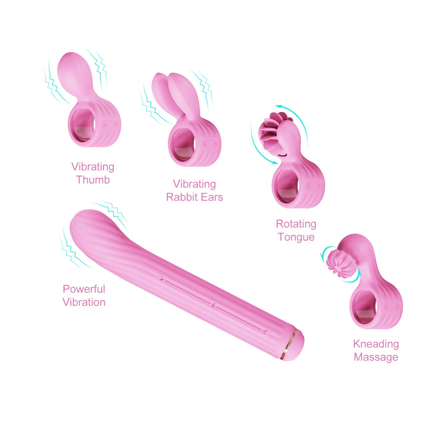 Pinkfarbene Vibratoren mit verschiedenen Kopfdesigns. Text: 'Kraftvolle Vibration', 'Vibrierender Daumen', 'Hasenohren'.