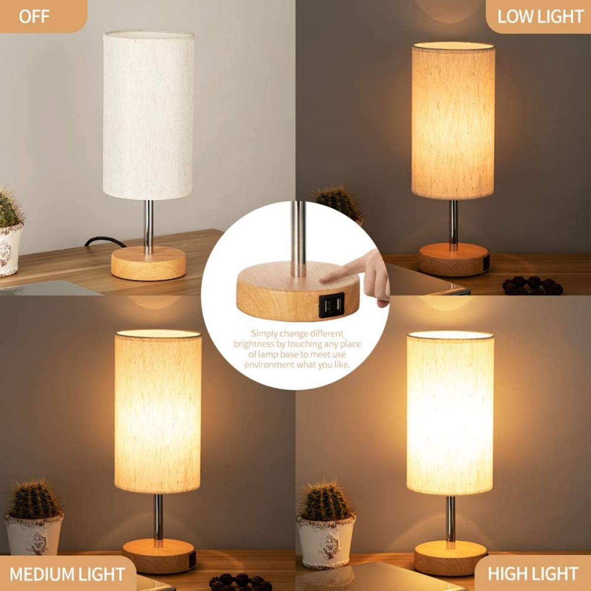 Vier Bilder einer Touch-Lampe bei unterschiedlichen Lichtintensitäten, von aus bis hoch, mit Pflanzen.