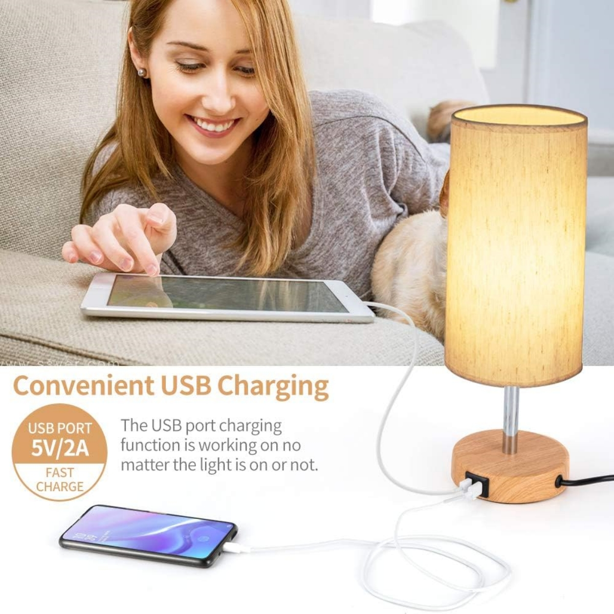 Eine Frau mit Tablet, eine Lampe mit USB-Ladeanschluss und ein Telefon wird geladen.