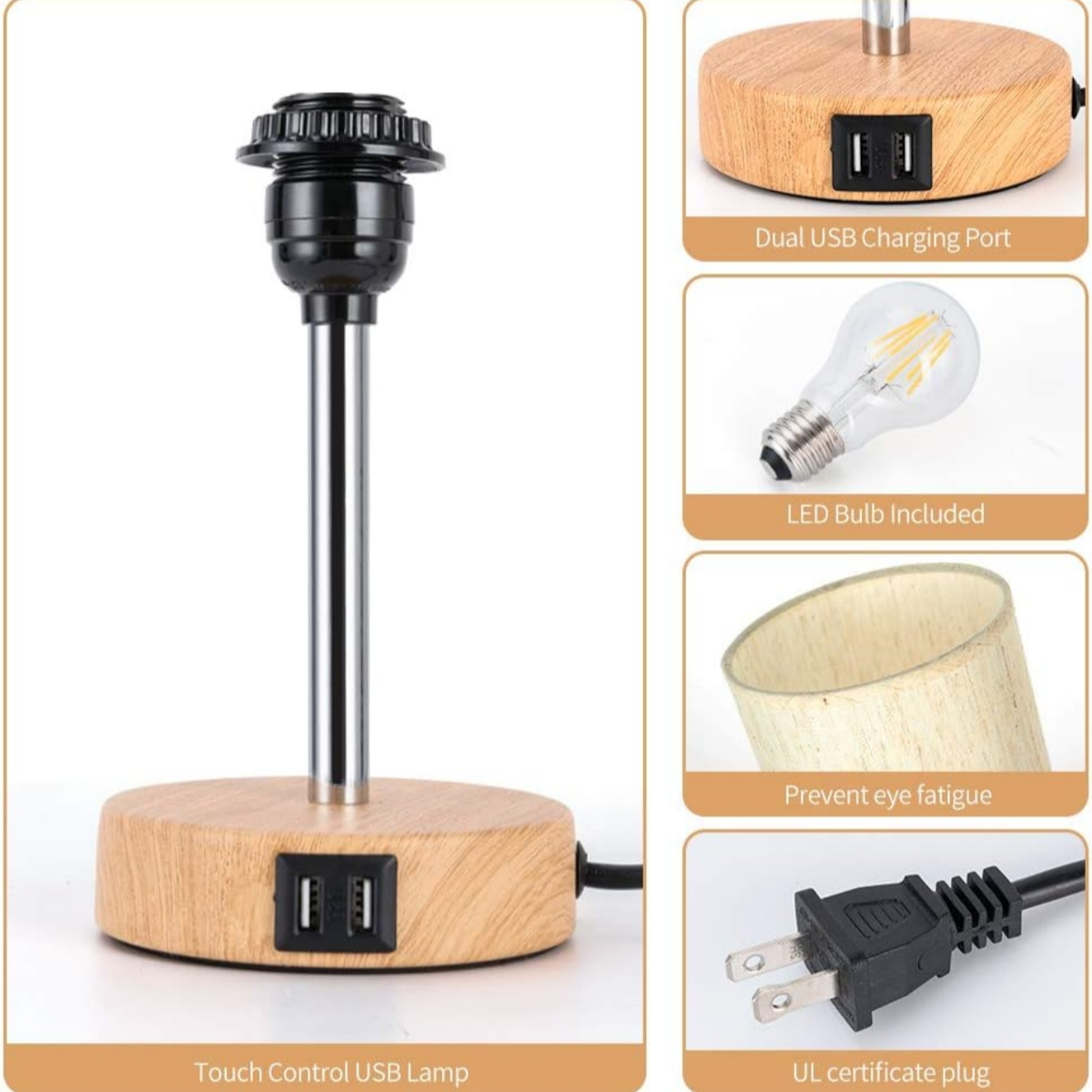 Lampe mit Holzsockel und USB-Anschlüssen, schwarzem Lampenhalter und LED-Glühbirne.