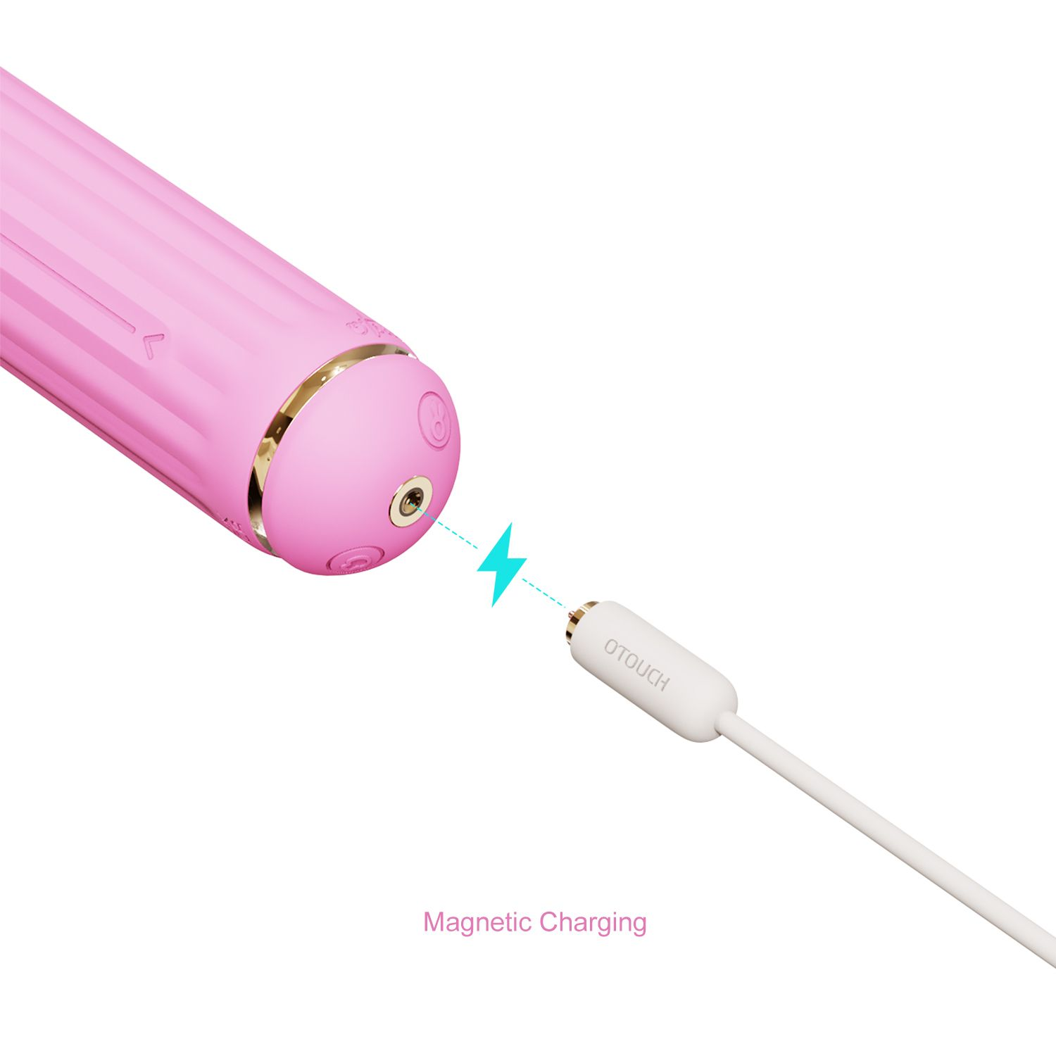 Rosa Sexspielzeug mit weißem Ladekabel und Blitzsymbol.