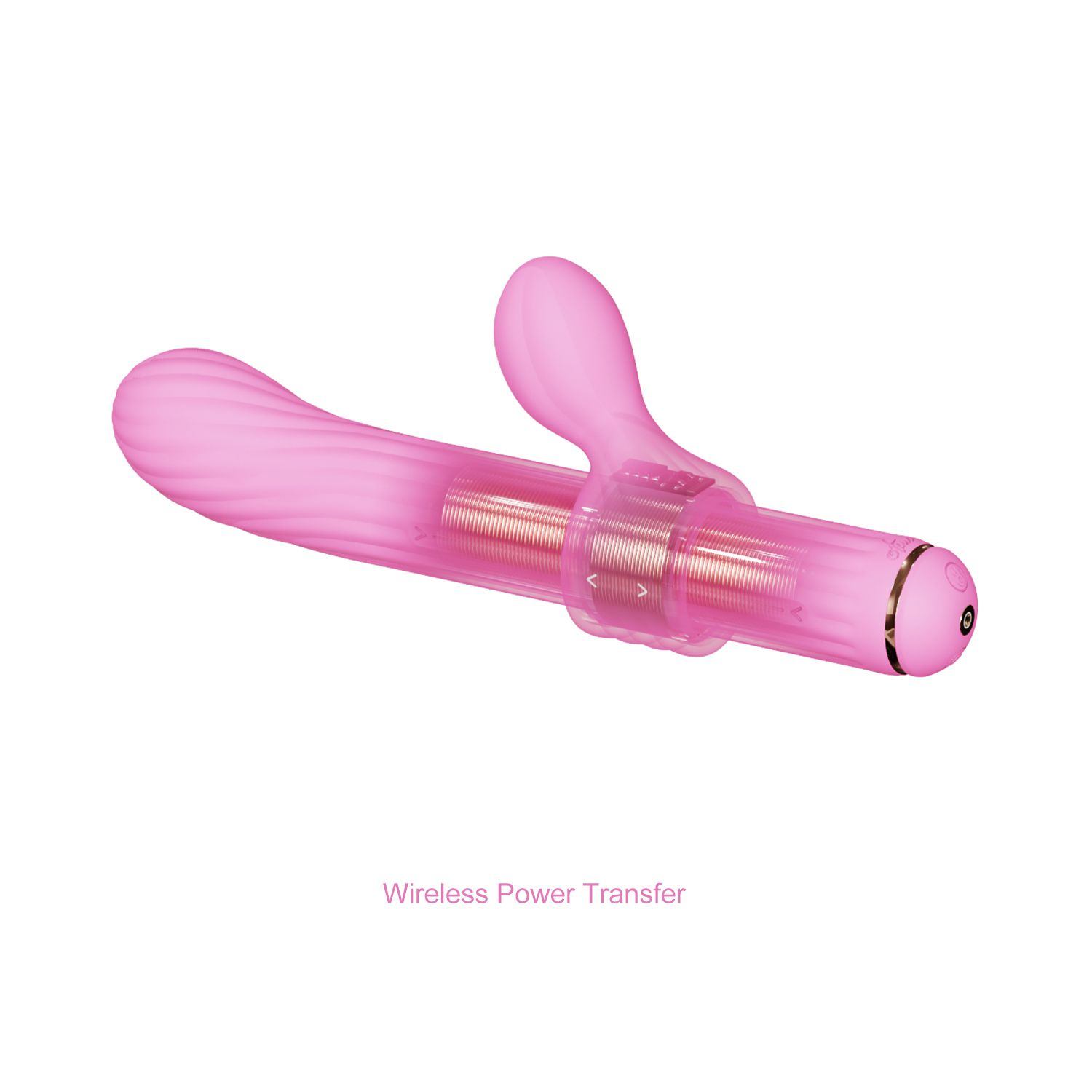 Rosa Sexspielzeug mit knollenförmigem Kopf und zylindrischem Körper mit Metallmitte. Text: Wireless Power Transfer.