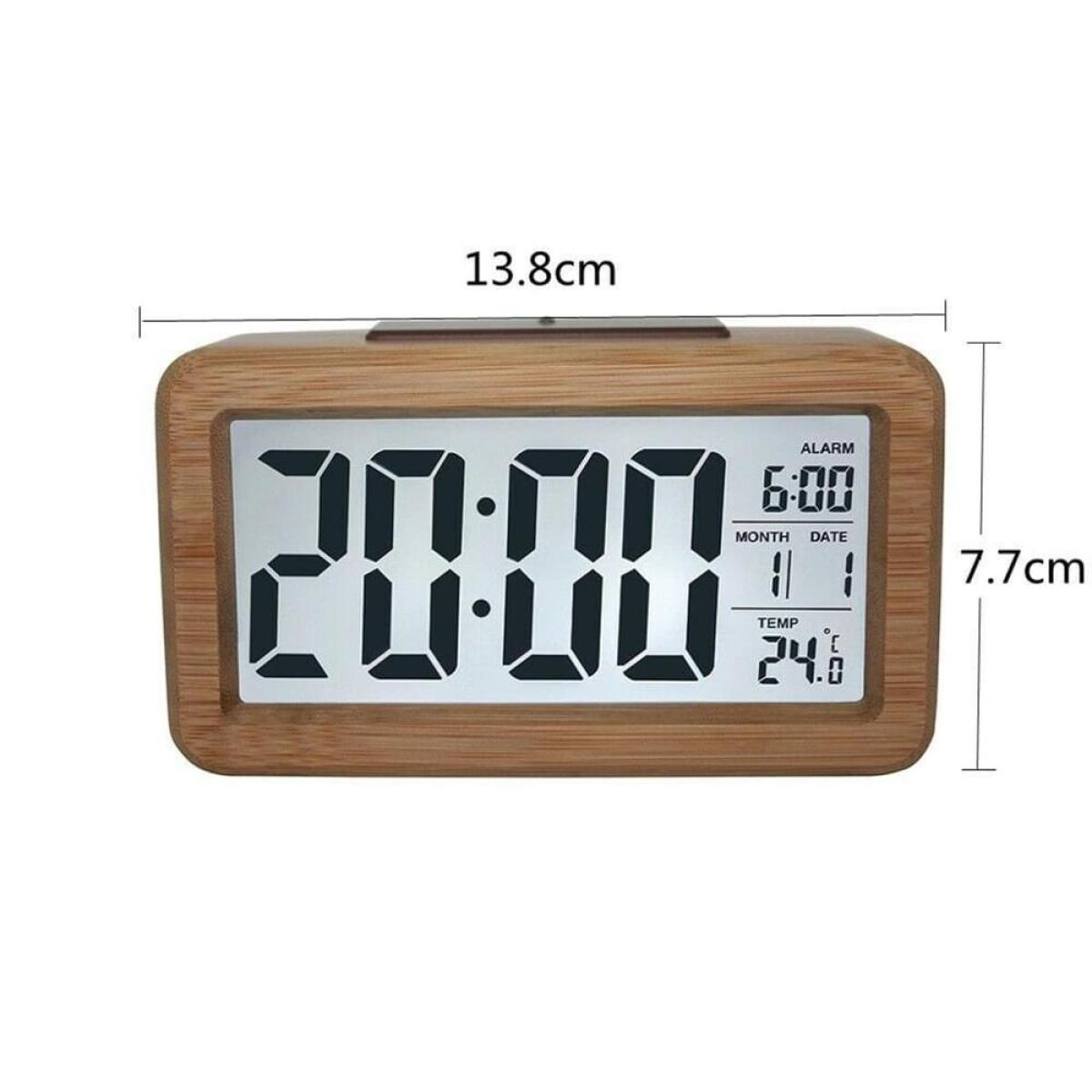 Digitaler Wecker aus Holz mit der Anzeige 20:00, 6:00 Uhr Alarm, Datum und Temperatur.