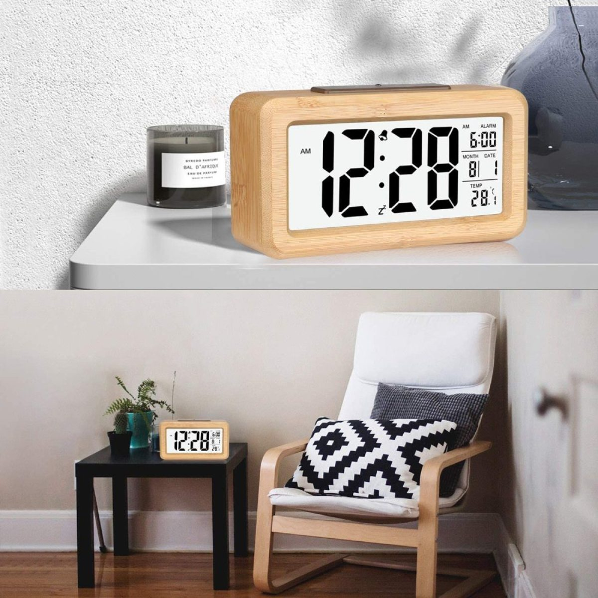 Digitaluhr in Holzrahmen zeigt 12:28 AM, 8, 28, auf weißem Regal. Eine Kerze ist in der Nähe.