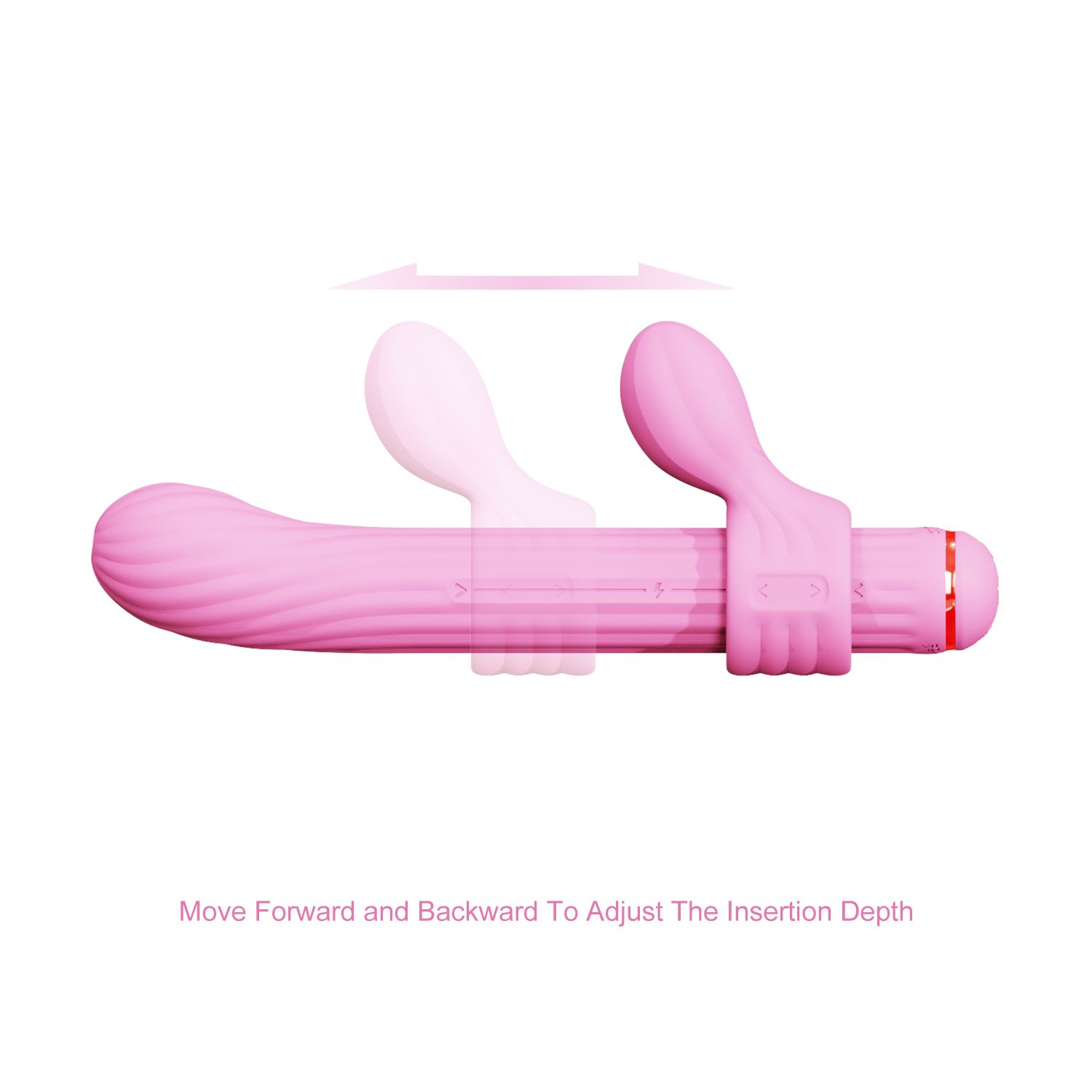 Pinker Vibrator mit zwei beweglichen Teilen, Pfeile zeigen Vorwärts-/Rückwärtsbewegung an.
