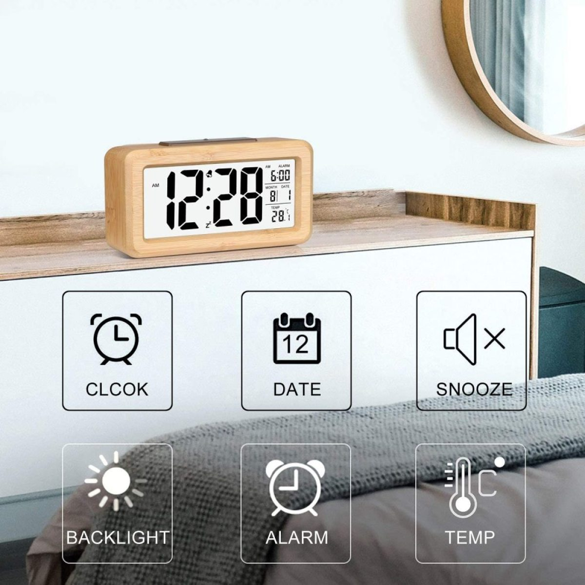 Digitaler Wecker aus Holz mit Display. Symbole für Uhrzeit, Datum, Schlummerfunktion, Alarm & Temperatur.