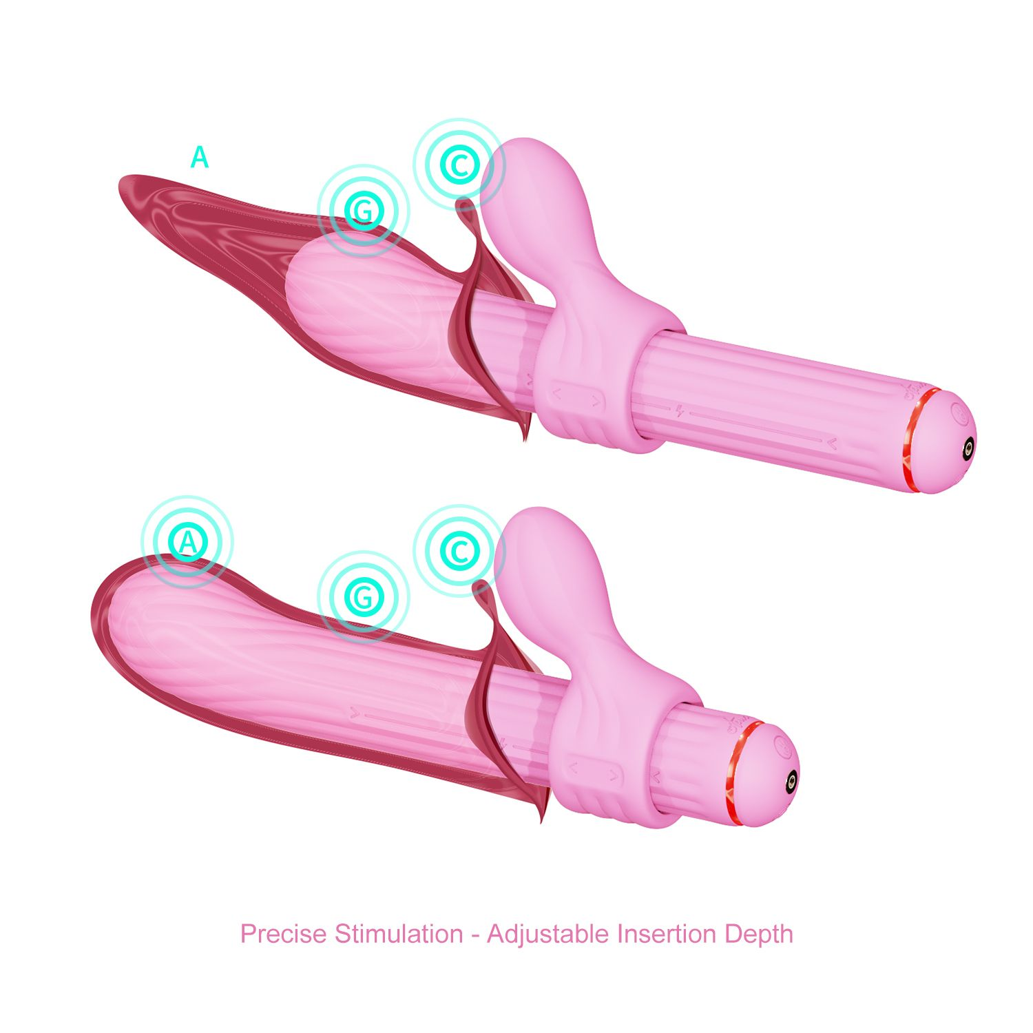 Zwei rosa Vibratoren mit rosa Riemen und rotem Knopf. Text: Präzise Stimulation - Einstellbare Eindringtiefe.