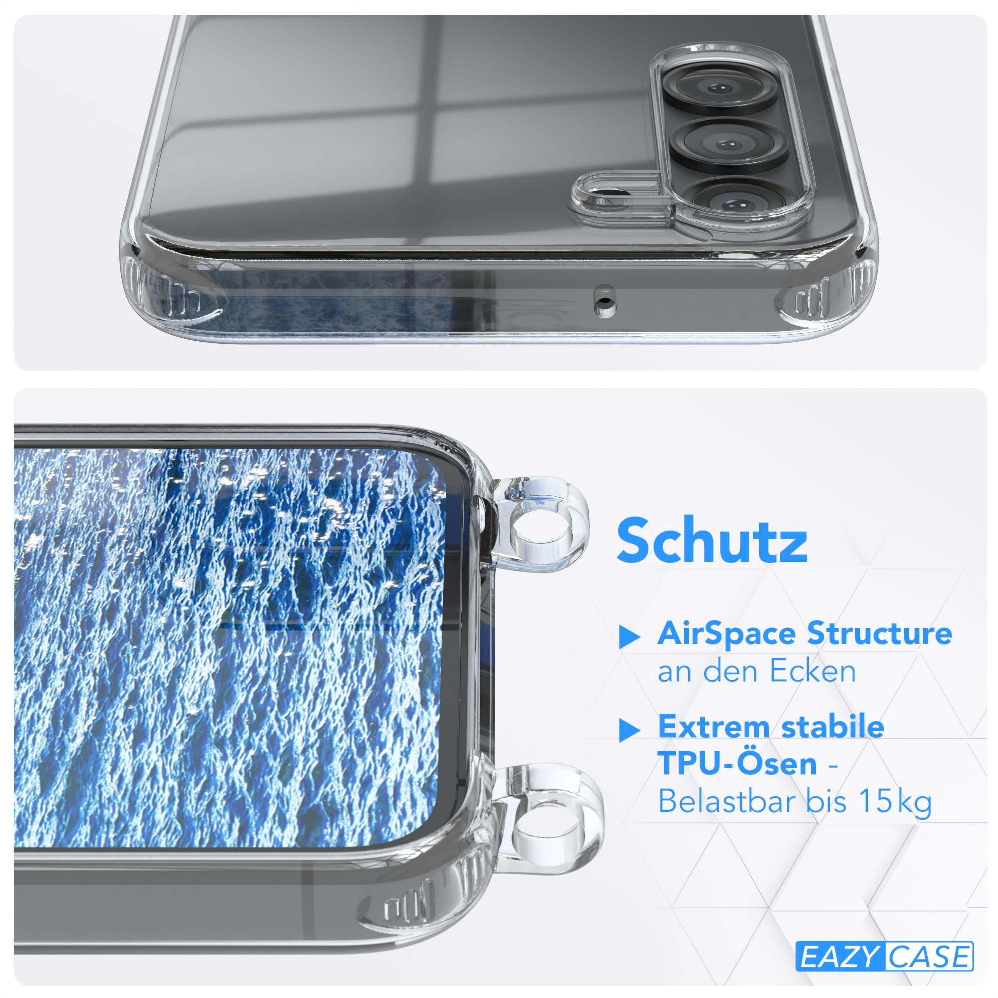 Transparente Handyhülle auf einem Telefon. Text erwähnt 'AirSpace Structure' und 'TPU-Ösen'.