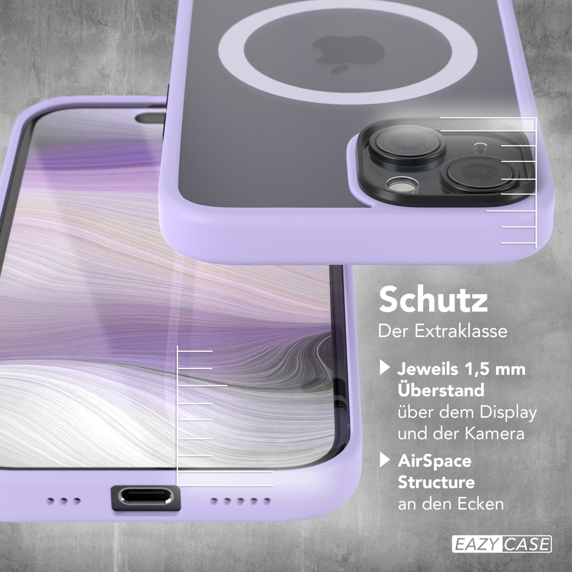 Lila Handyhülle auf Betonhintergrund. Text: Schutz, 1,5 mm, AirSpace Structure, EAZY CASE.