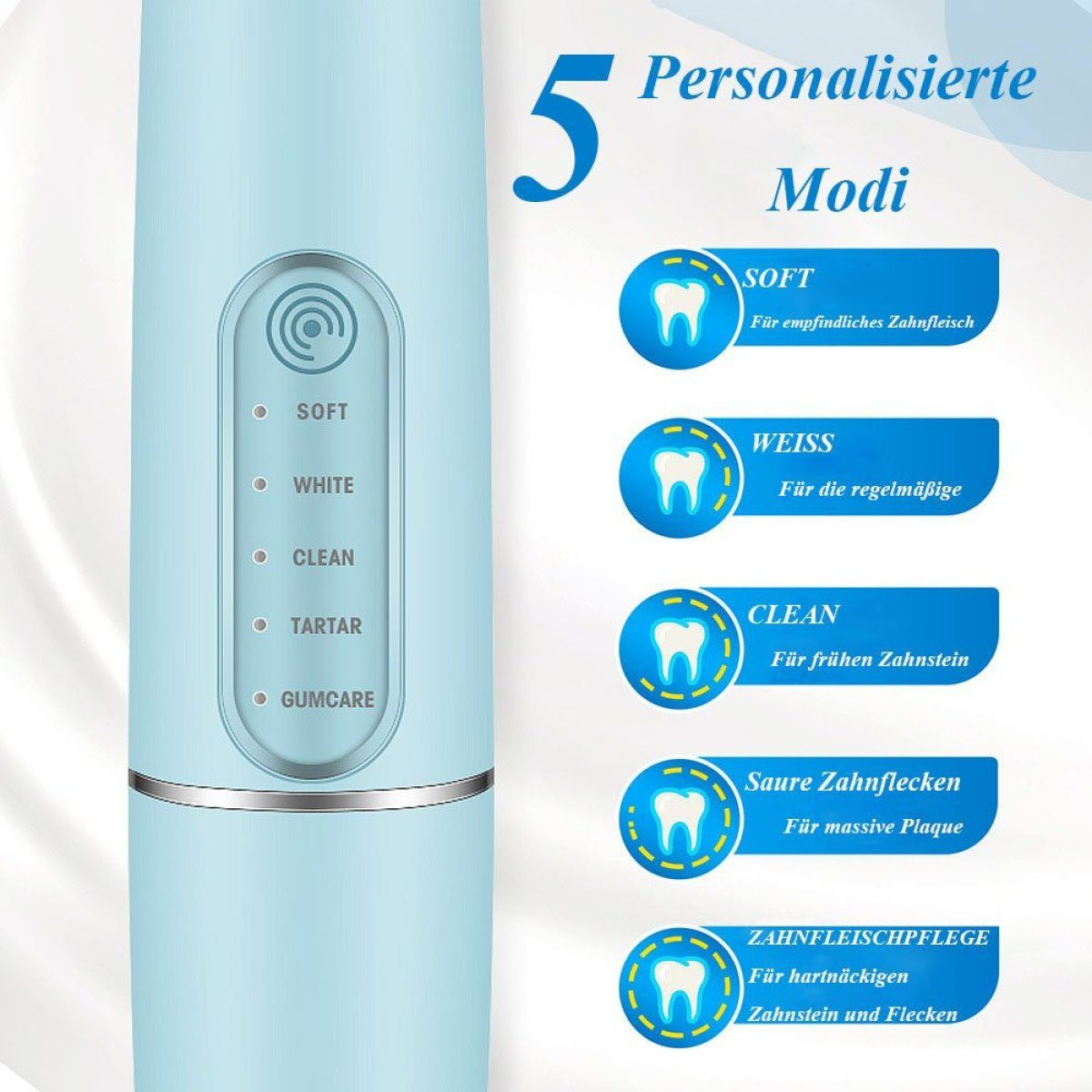 Blaue elektrische Zahnbürste mit 5 Modi. Textetiketten umfassen Soft, White, Clean, Tartar und Gumcare.