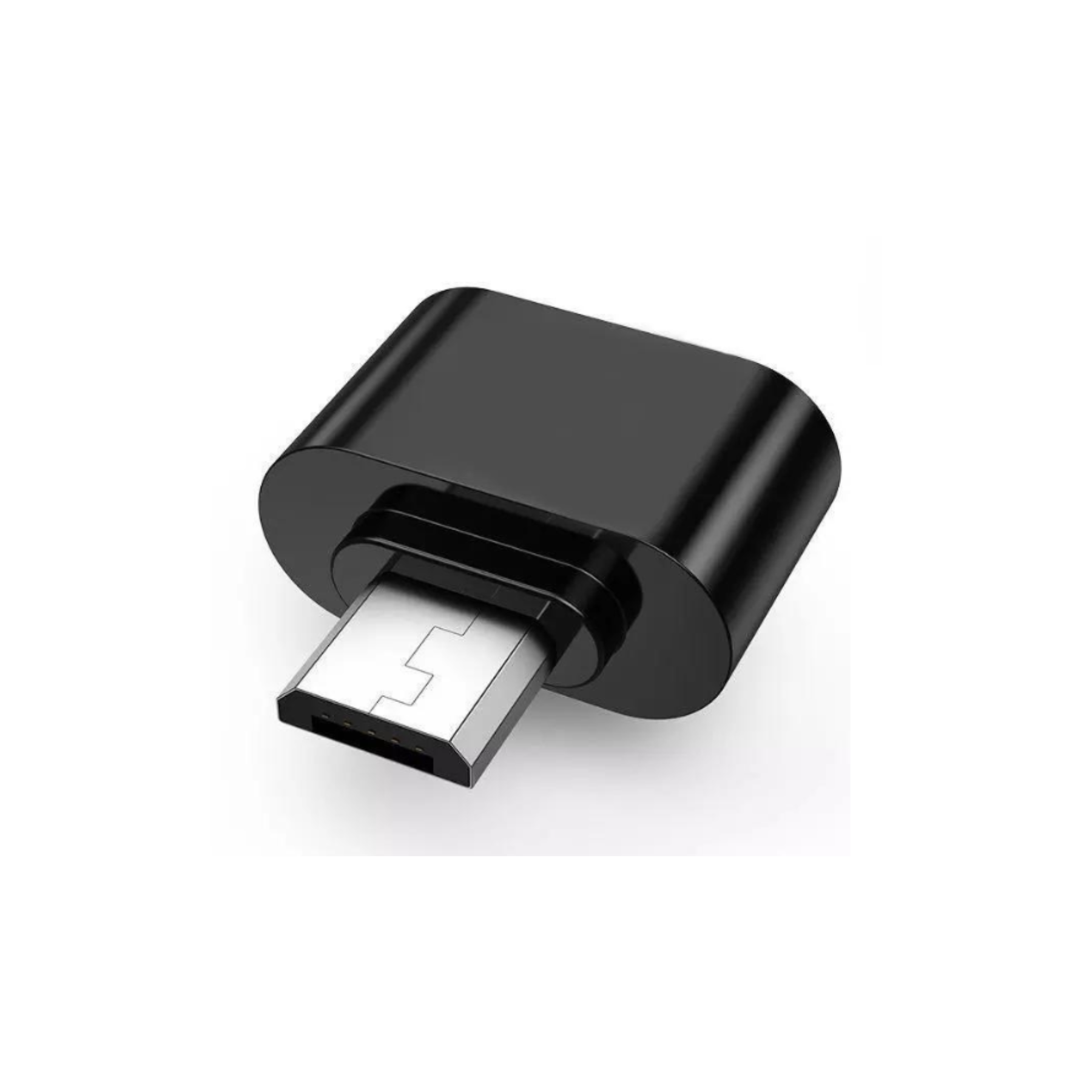 Schwarzer USB-C-auf-Micro-USB-Adapter. Der Micro-USB-Anschluss ist sichtbar.