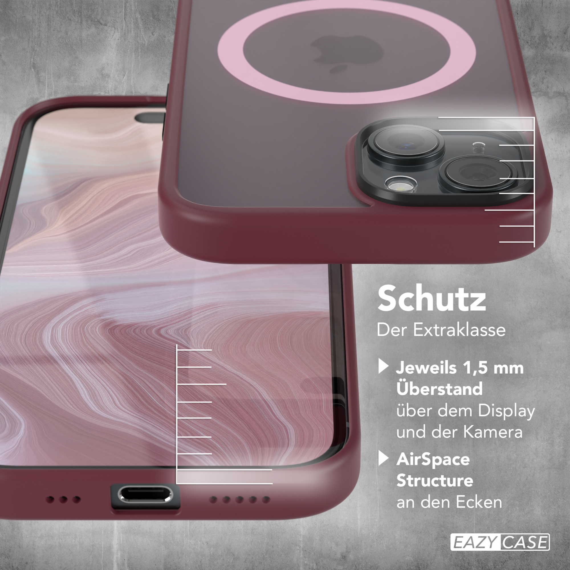 Weinrote Handyhülle mit Kamera- und Apple-Logo-Ausschnitt. Die Hülle wird präsentiert.