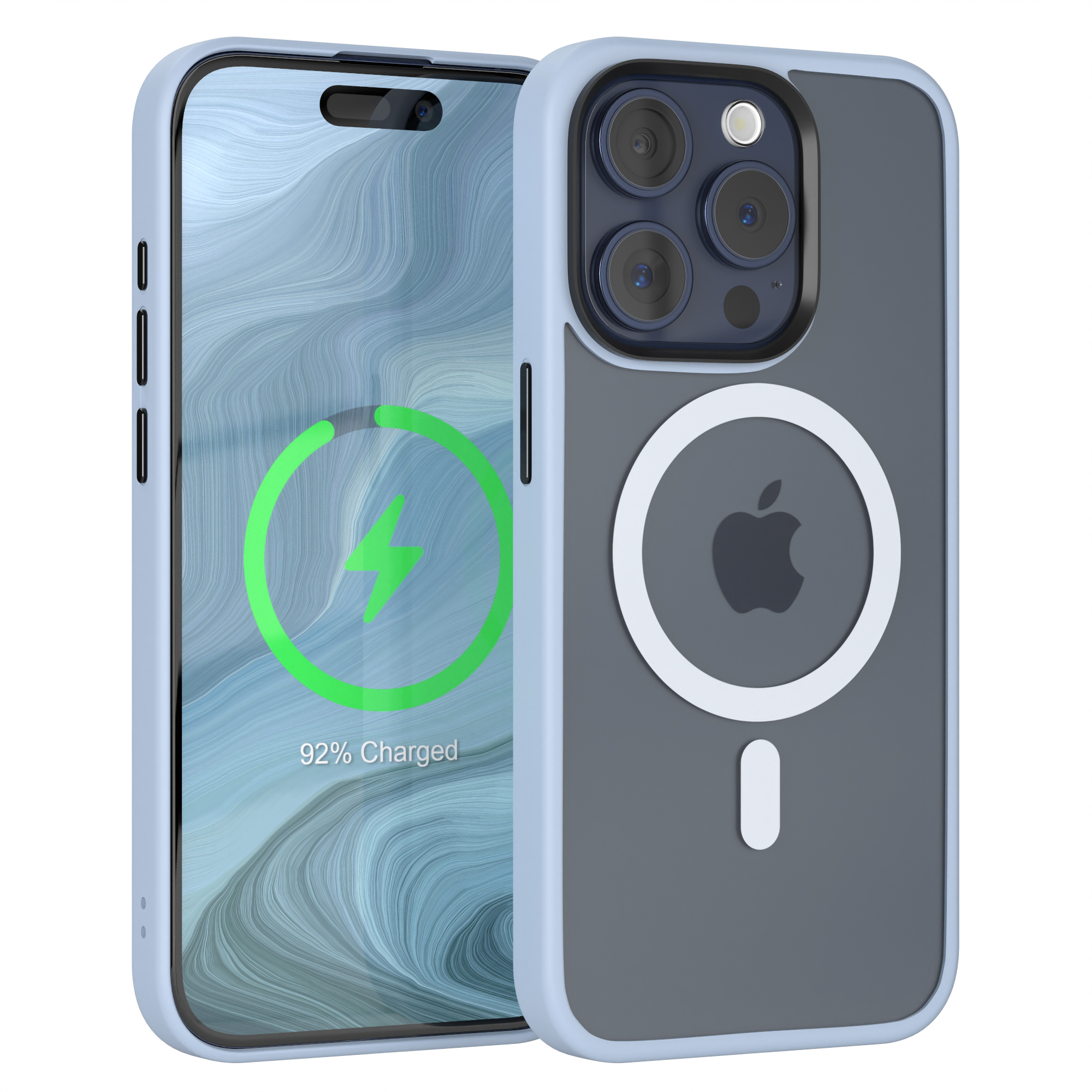 Eine hellblaue Telefonhülle mit einem Telefon darin. Das Telefon zeigt einen Ladebildschirm mit dem Blitz.