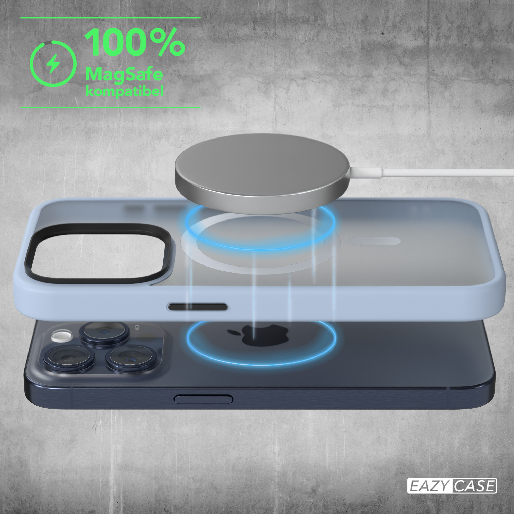 Telefon lädt an einem MagSafe-Ladegerät. Telefon ist blau, Hülle transparent.