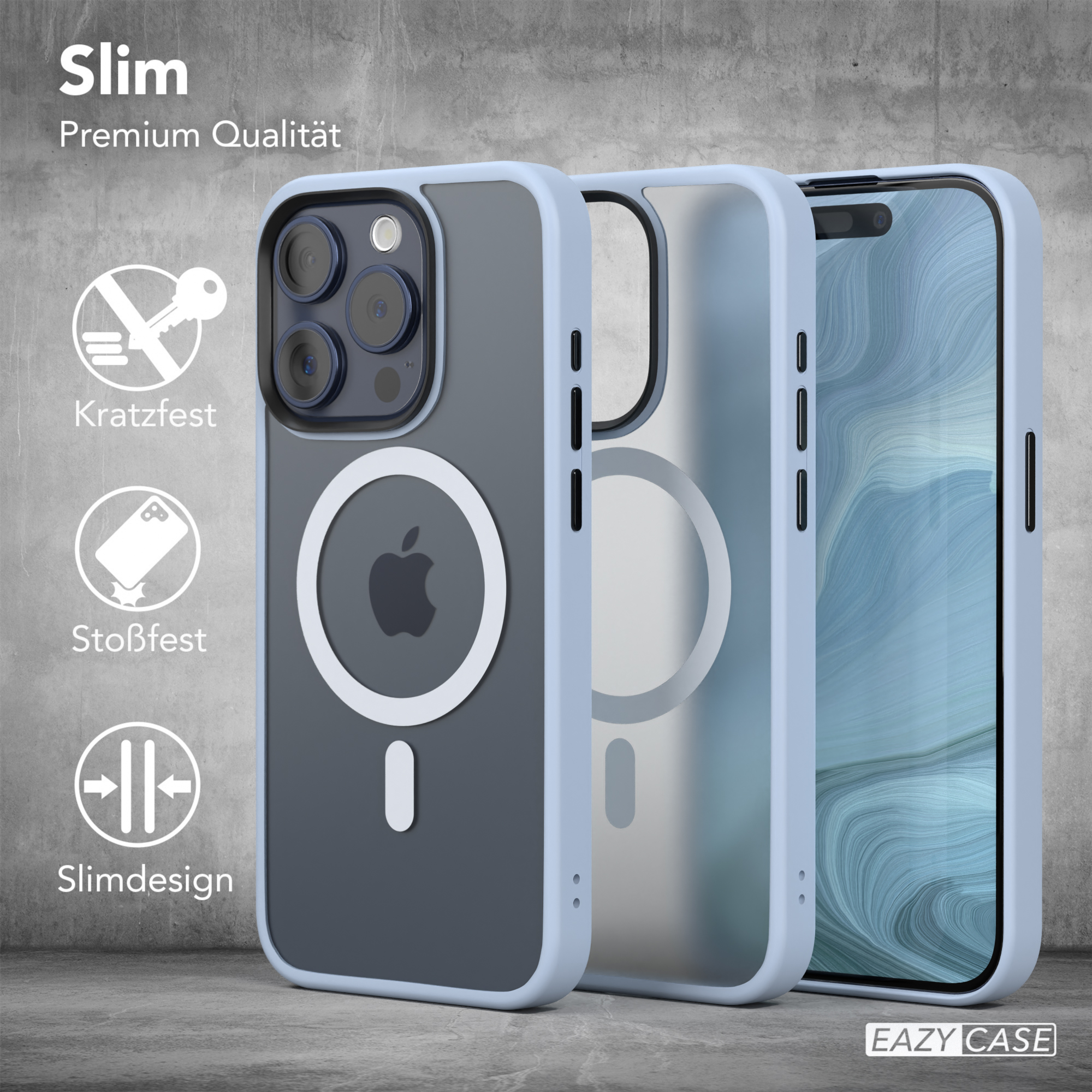 Drei Handyhüllen mit schlankem Design, eine mit Telefon. Icon-Labels: kratzfest, stoßfest, schlank.