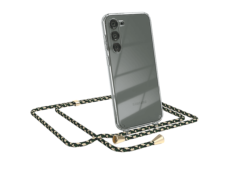 EAZY CASE Clear Cover mit Umhängeband, Umhängetasche, Samsung, Galaxy S23 Plus, Grün Camouflage / Clips Gold