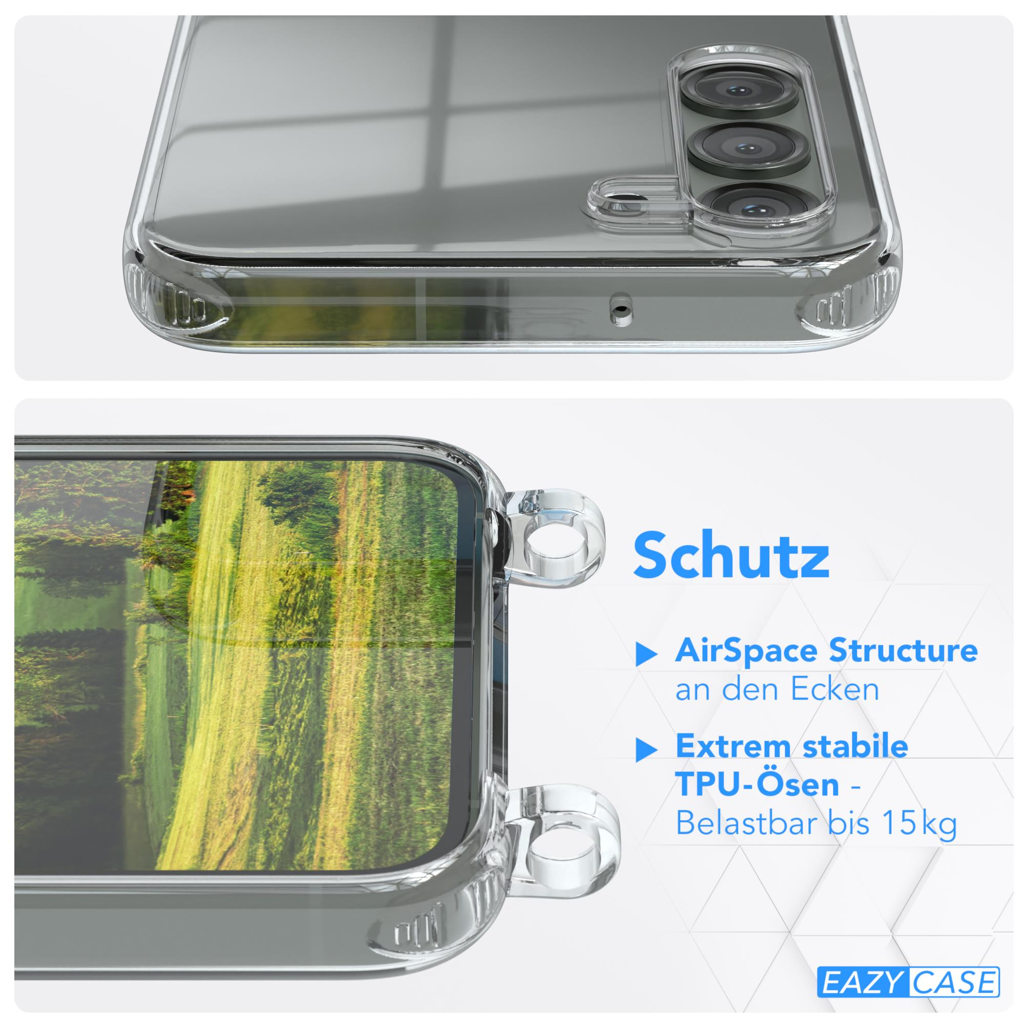 Zweiteiliges Bild: eine Handyhülle und ein Handy mit Landschaftsbild auf dem Bildschirm. Text zeigt Schutz an.