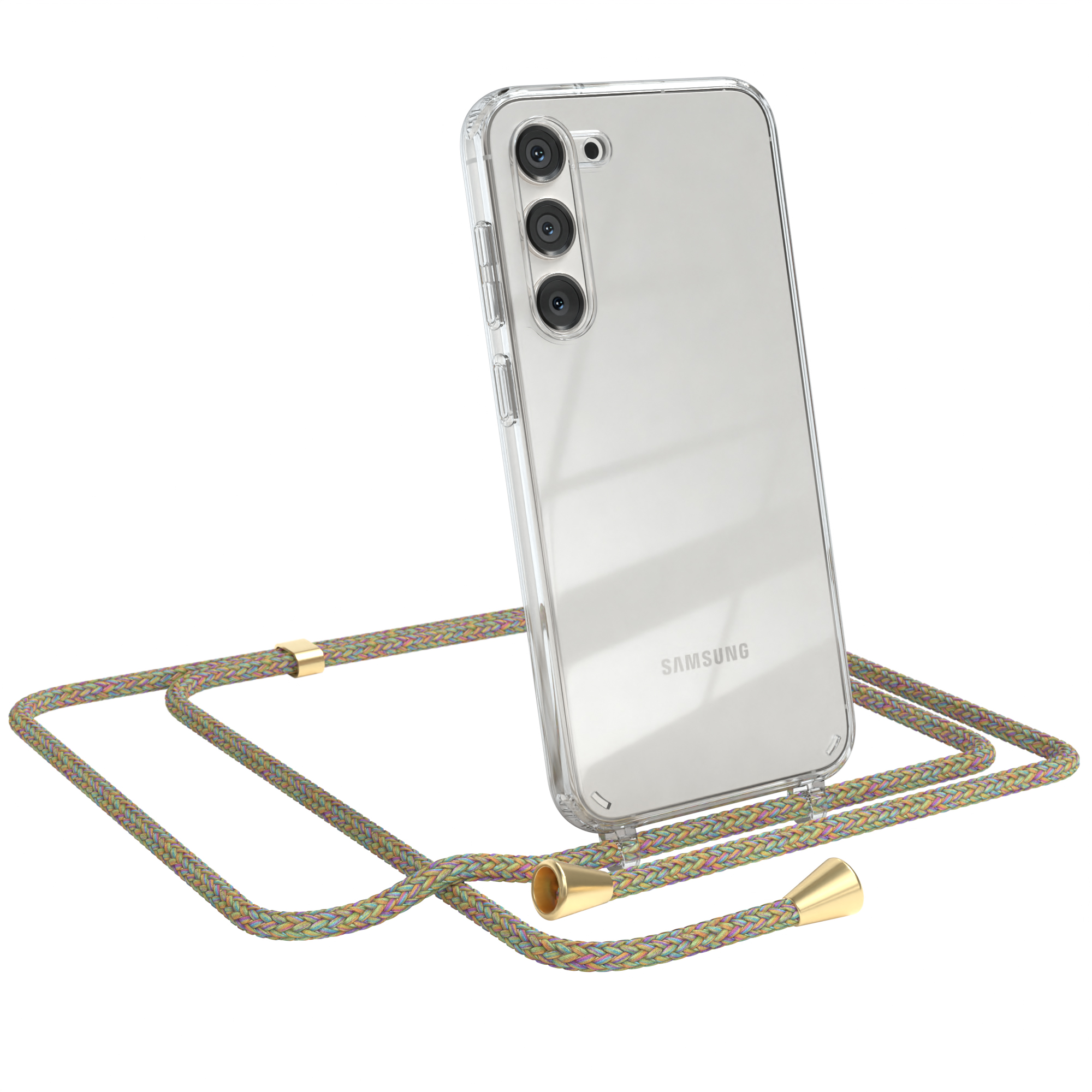 EAZY CASE / Umhängetasche, Bunt Umhängeband, Samsung, S23 mit Cover Clips Gold Clear Plus, Galaxy