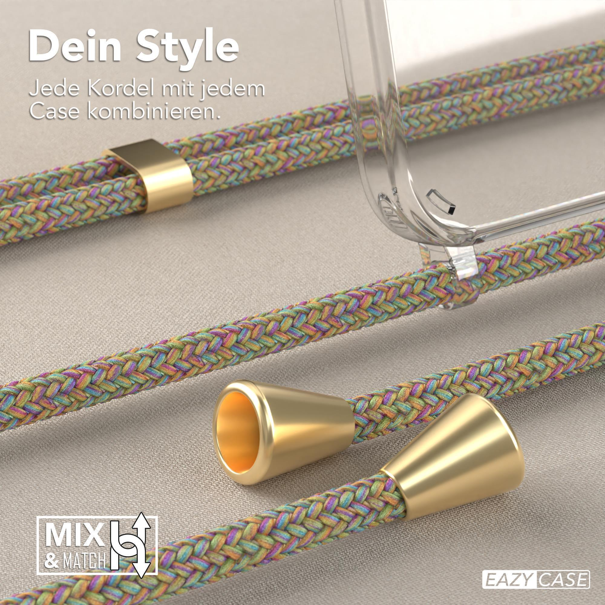Nahaufnahme von Handyhülle mit farbenfrohem Kordel. Goldmetallic-Detail an den Enden.