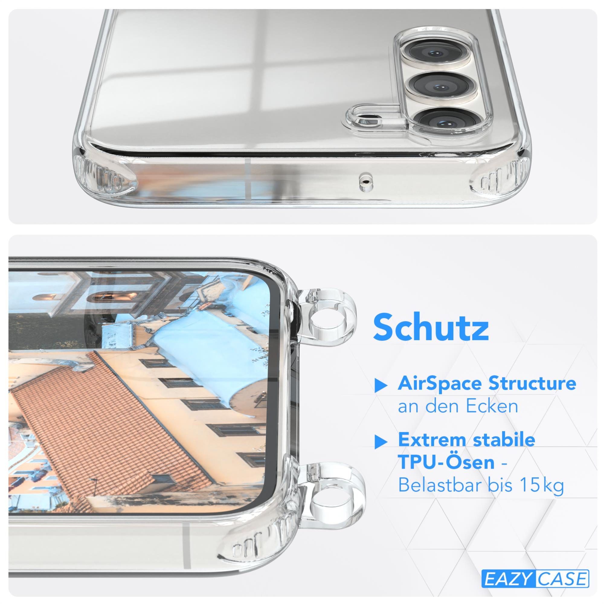 Transparente Handyhülle mit Details: AirSpace-Struktur und TPU-Ösen, belastbar bis 15 kg.