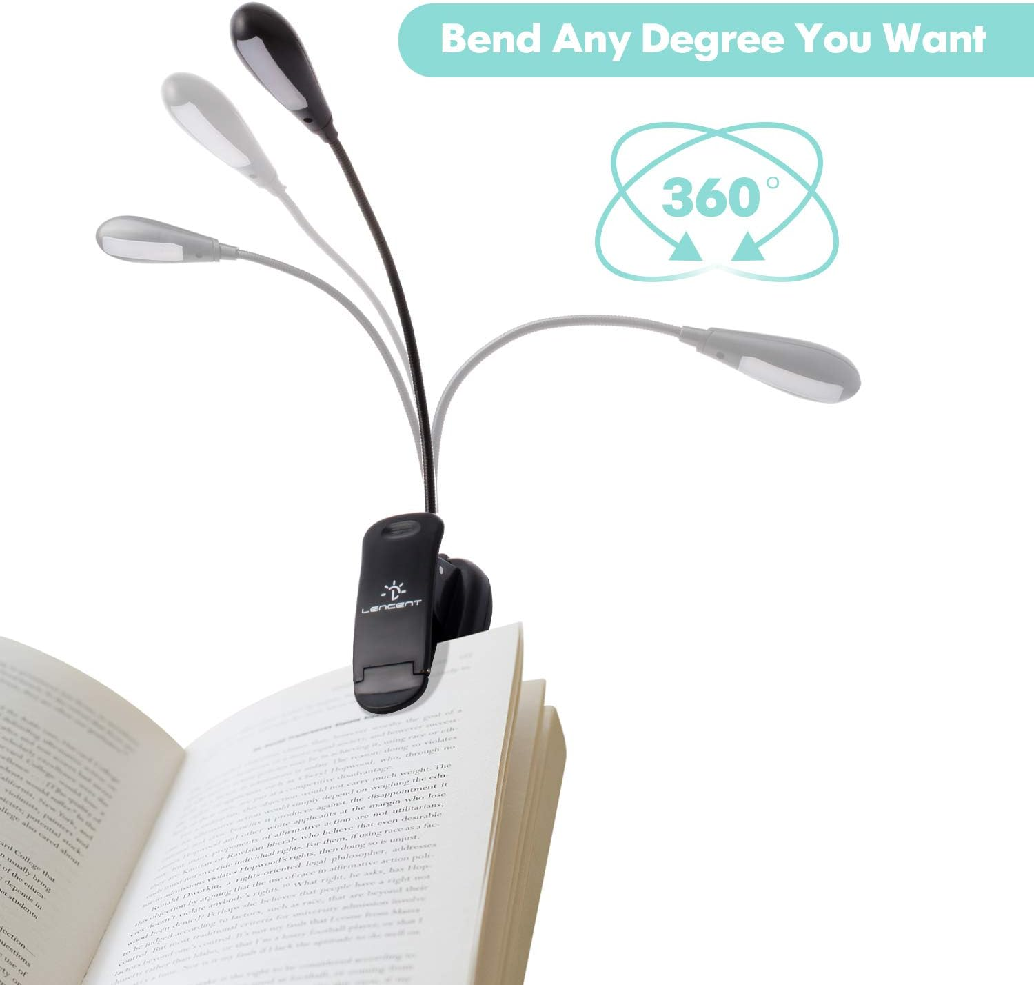 Eine flexible LED-Buchleuchte, die an einem Buch befestigt ist und eine 360-Grad-Biegemöglichkeit demonstriert.