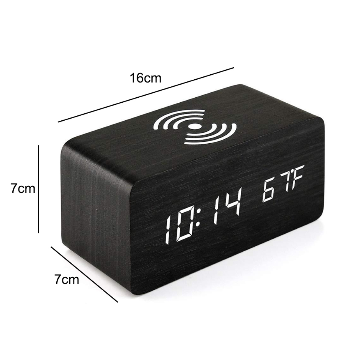 Schwarze digitale Holzuhr mit 10:14 und 67F. Abmessungen sind 16x7x7cm. Weiße Zahlen.