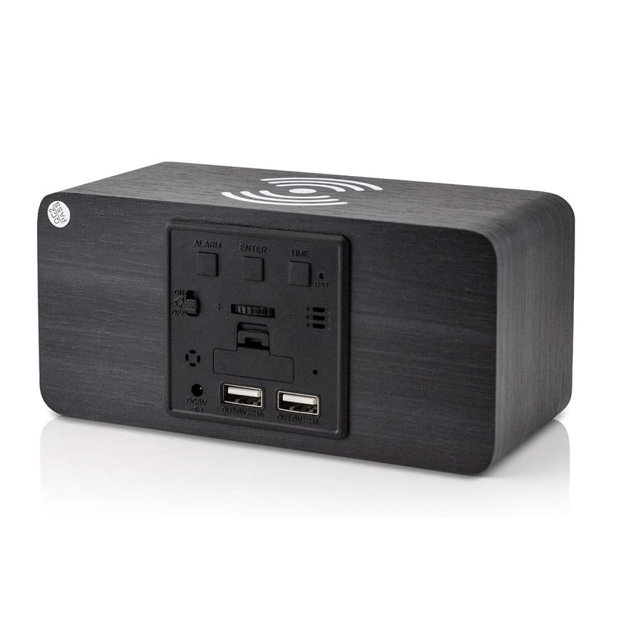 Schwarze Holzuhr mit Knöpfen und USB-Anschlüssen. Weißes kabelloses Ladesymbol oben.