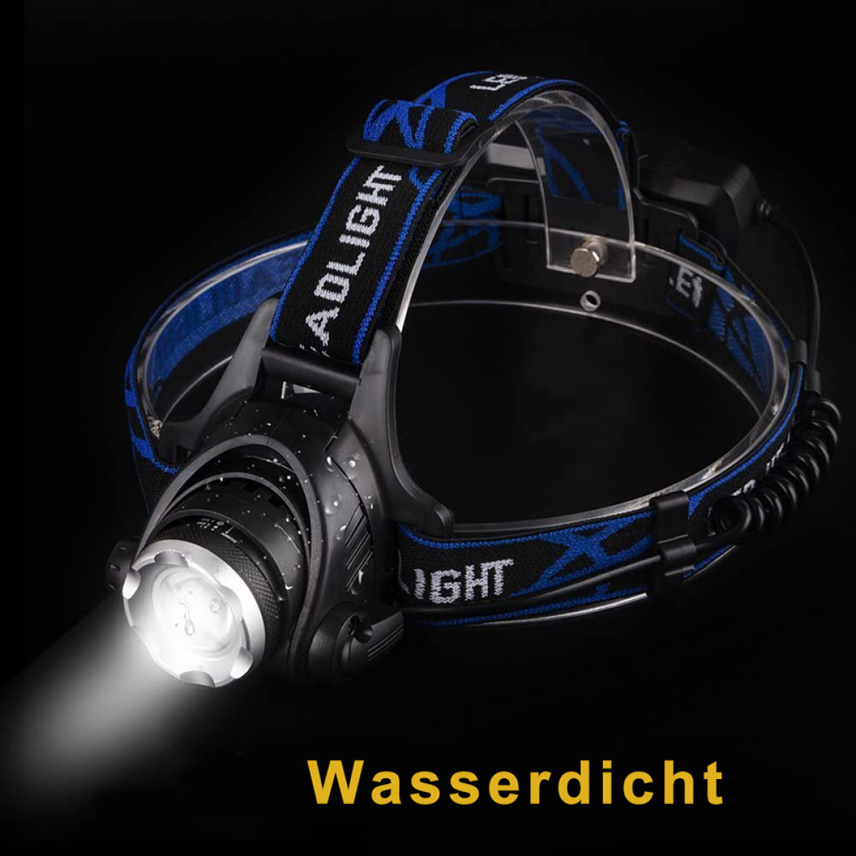 Eine Stirnlampe mit hellem Licht wird vor schwarzem Hintergrund gezeigt. Der Text Wasserdiicht wird gezeigt.