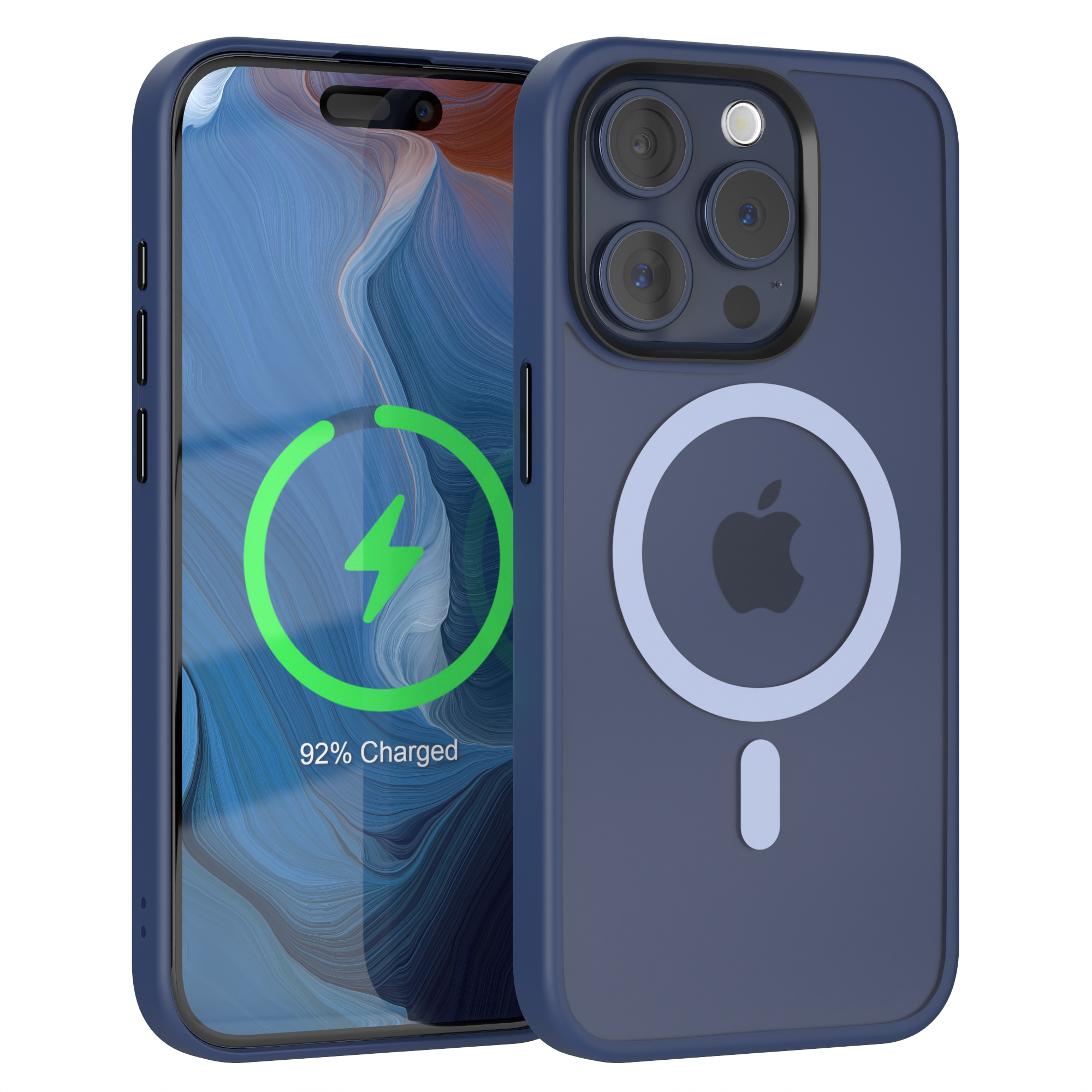 Blaue Handyhülle mit Telefon, Ladesymbol und 92 % geladen.