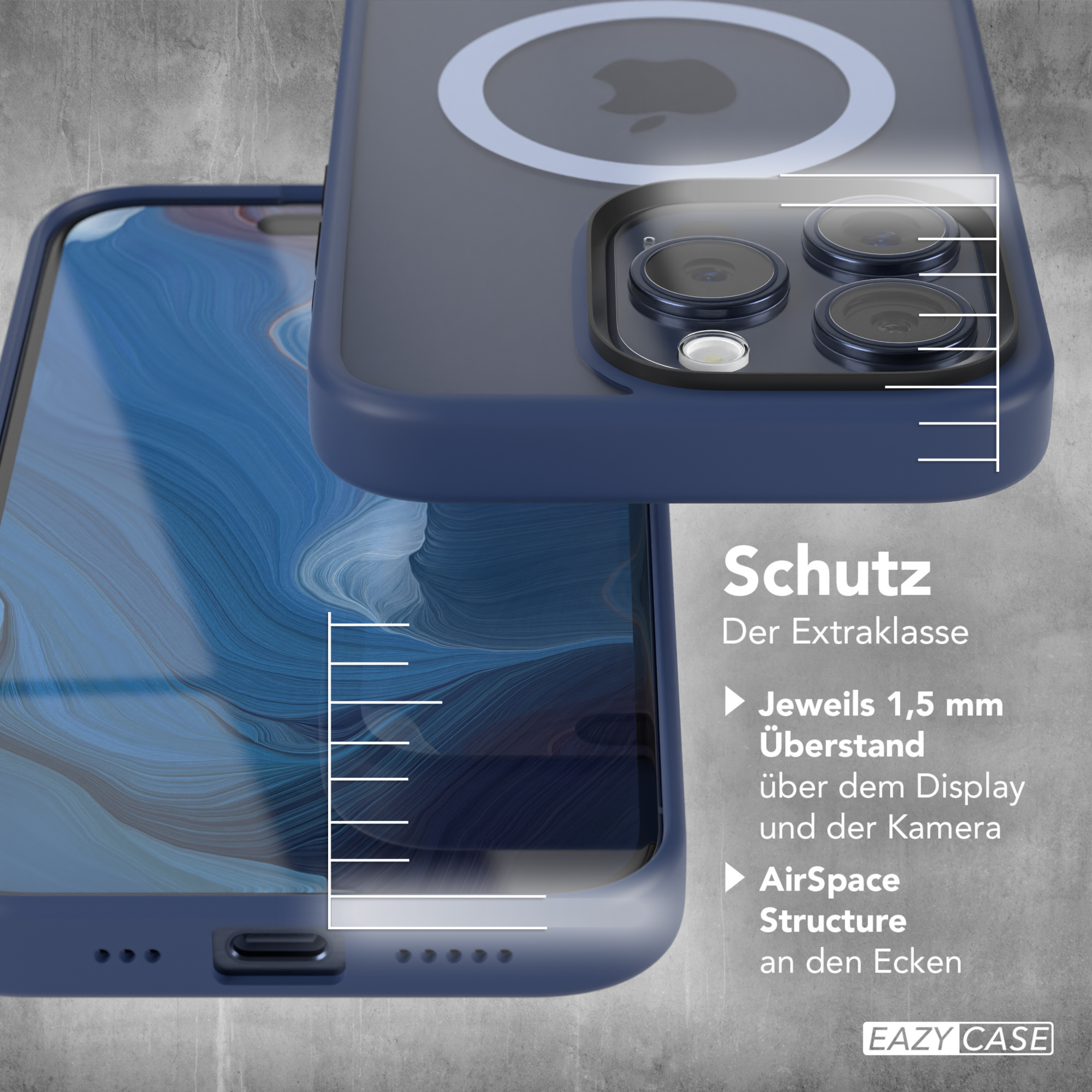 Handyhülle mit Telefon. Text: Schutz der Extraklasse. Details werden gezeigt.