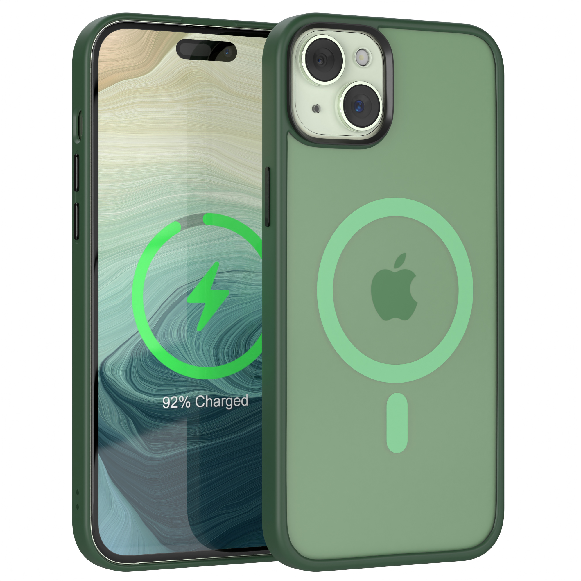 Eine grüne iPhone-Hülle mit grünem Apple-Logo. Der Telefonbildschirm zeigt ein Ladesymbol.