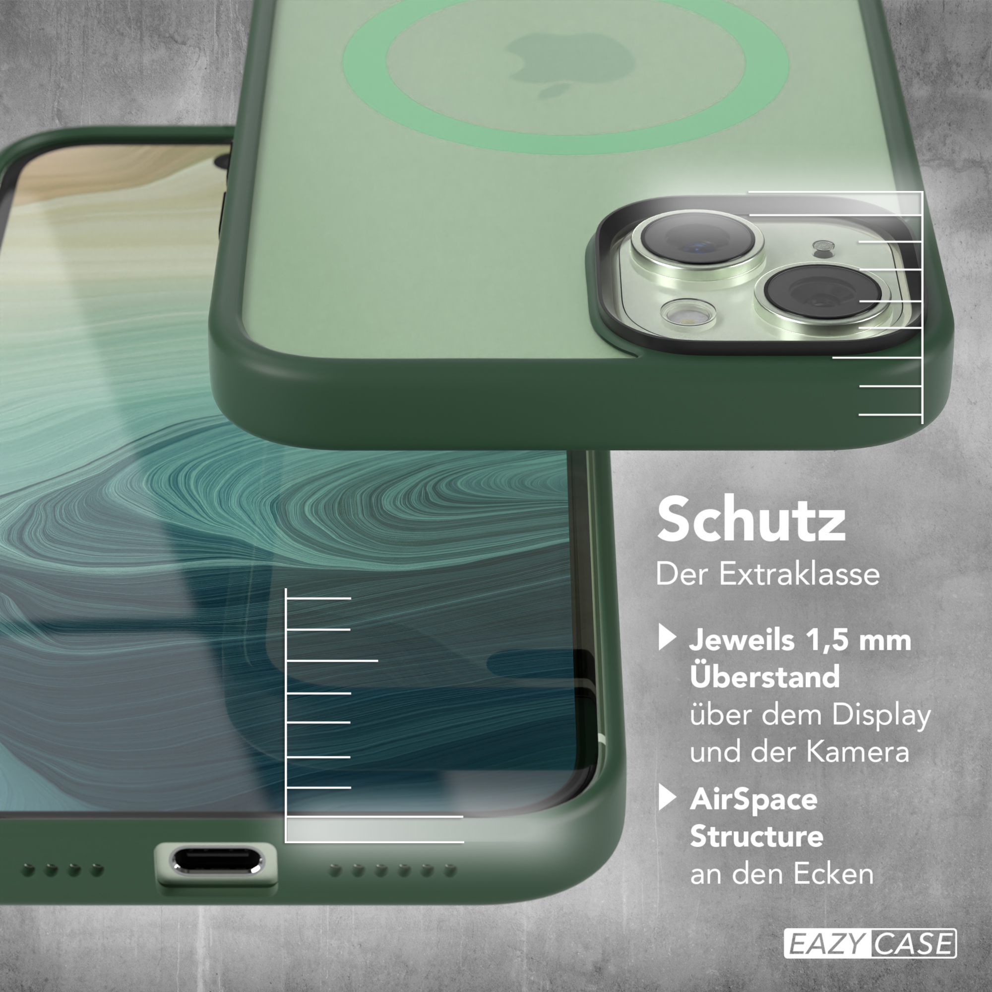 Eine grüne Handyhülle mit Apple-Logo und Schutzschicht, detaillierte Nahaufnahme.