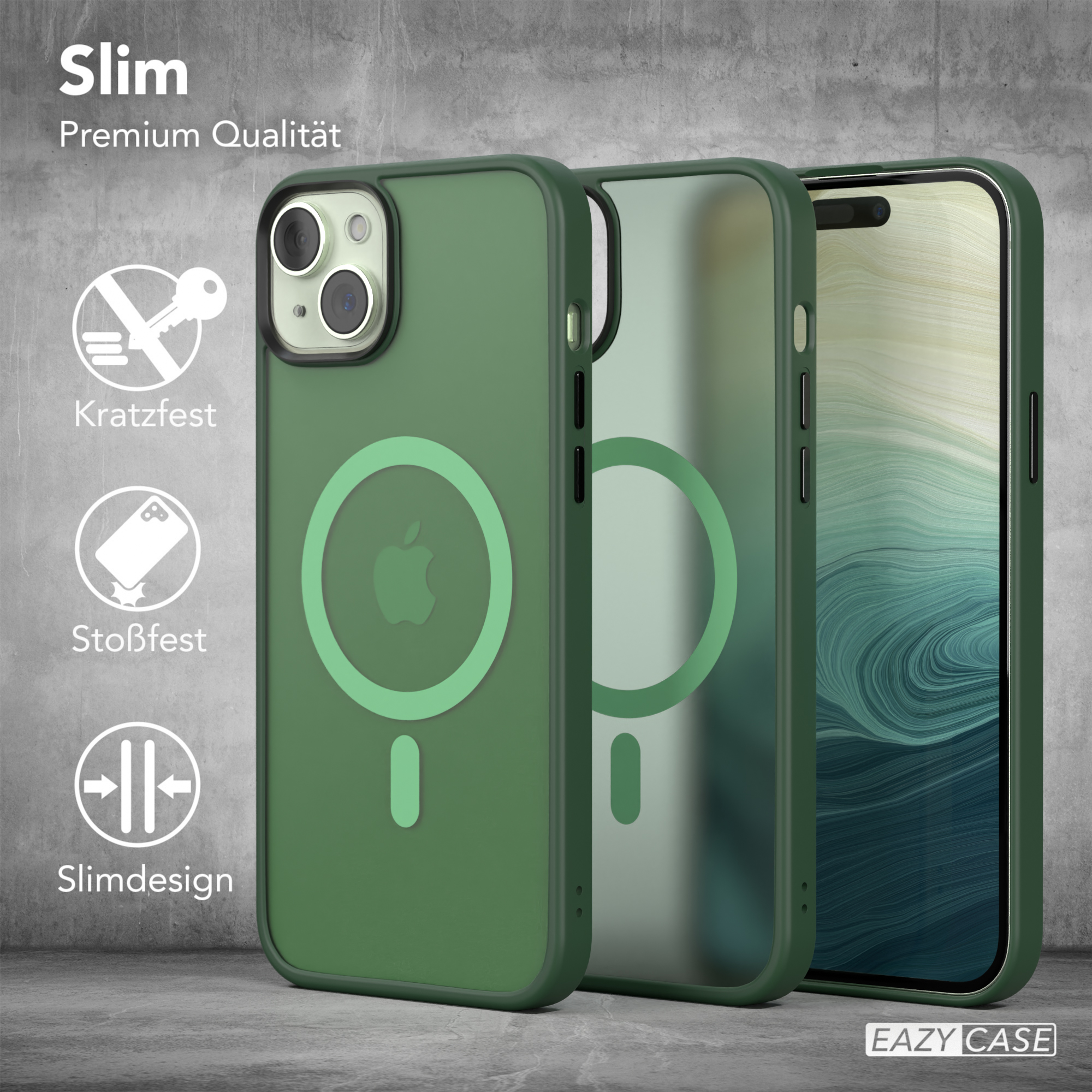 Drei grüne Handyhüllen mit minimalistischem Design und dem Text 'Slim, Premium Qualität' sowie Symbolen für Kratz- und Stoßfestigkeit.
