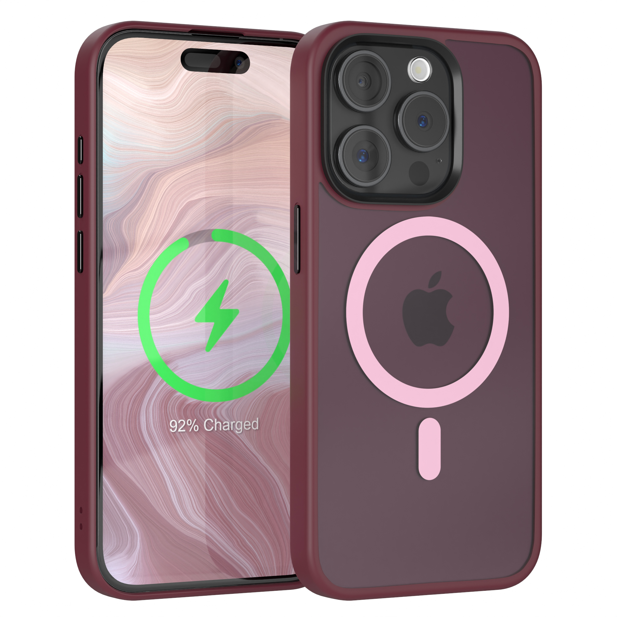 iPhone in einer bordeauxfarbenen Hülle mit Ladesymbol.