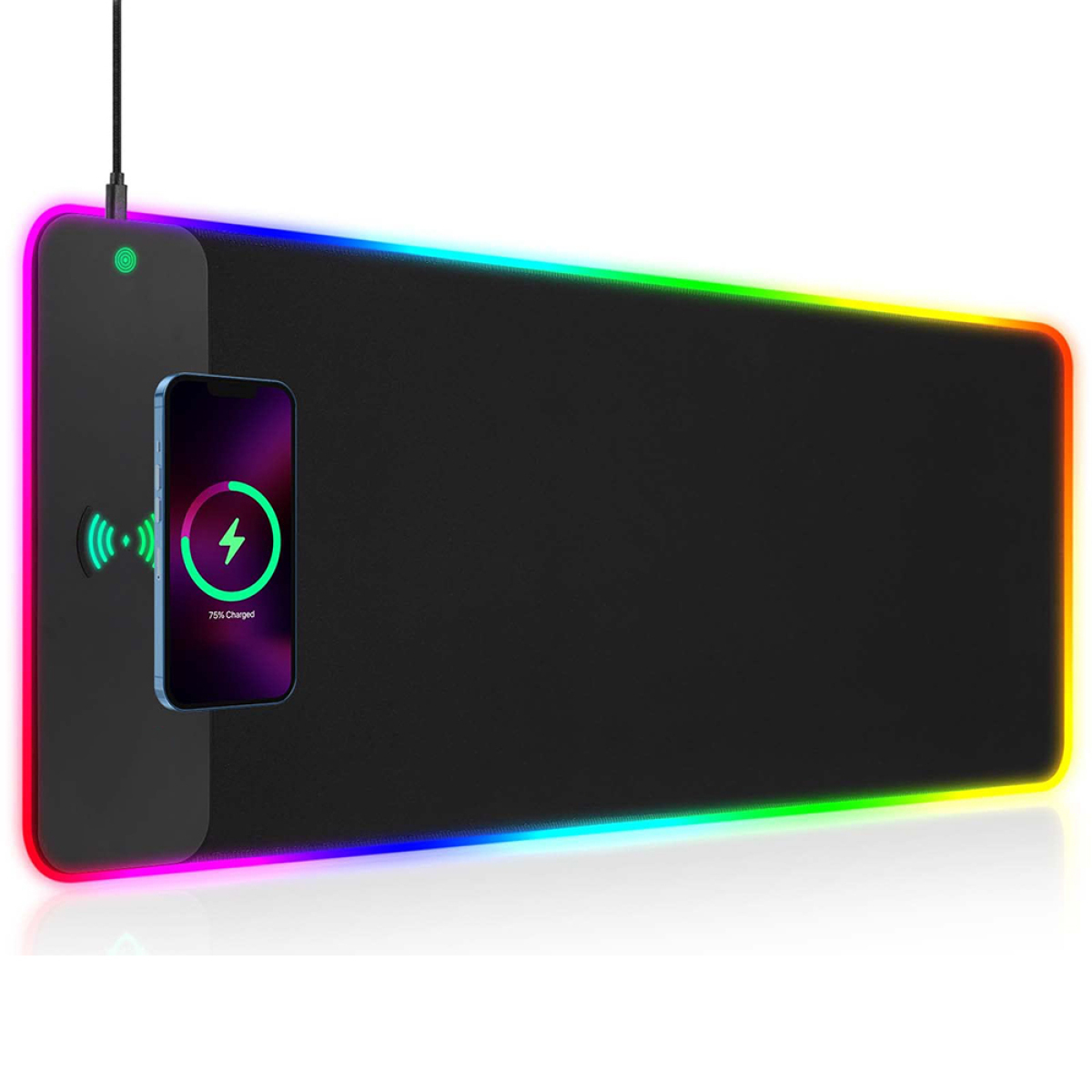 Schwarzes Mousepad mit Handy, das links geladen wird. Das Mousepad hat einen Regenbogenrand.