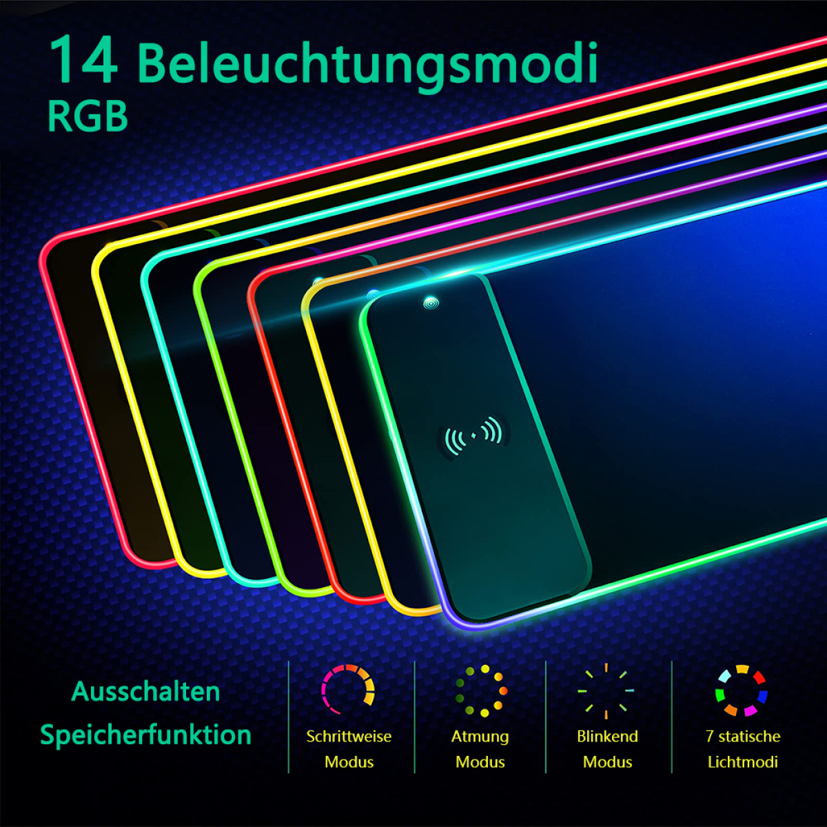 Ein schwarzes Gaming-Mauspad mit farbenfrohen RGB-Lichtern. Es hat verschiedene Lichtmodi und ein Bedienfeld.