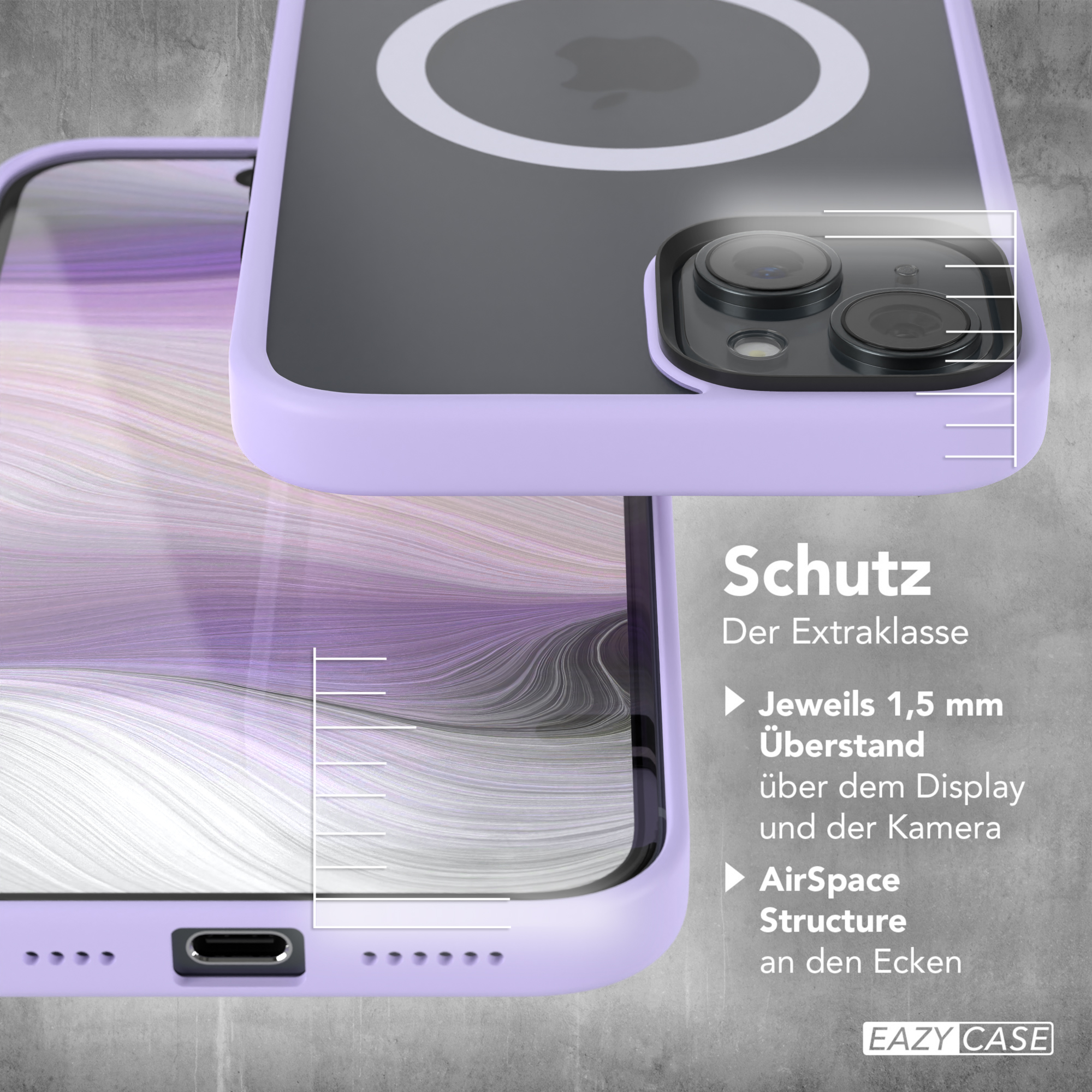 Eine lila Handyhülle mit weißem Kreis und Text.
