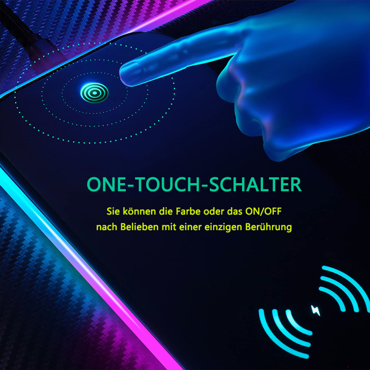 Eine Hand berührt einen beleuchteten Berührungssensor auf schwarzer Oberfläche mit Text 'ONE-TOUCH-SCHALTER'.