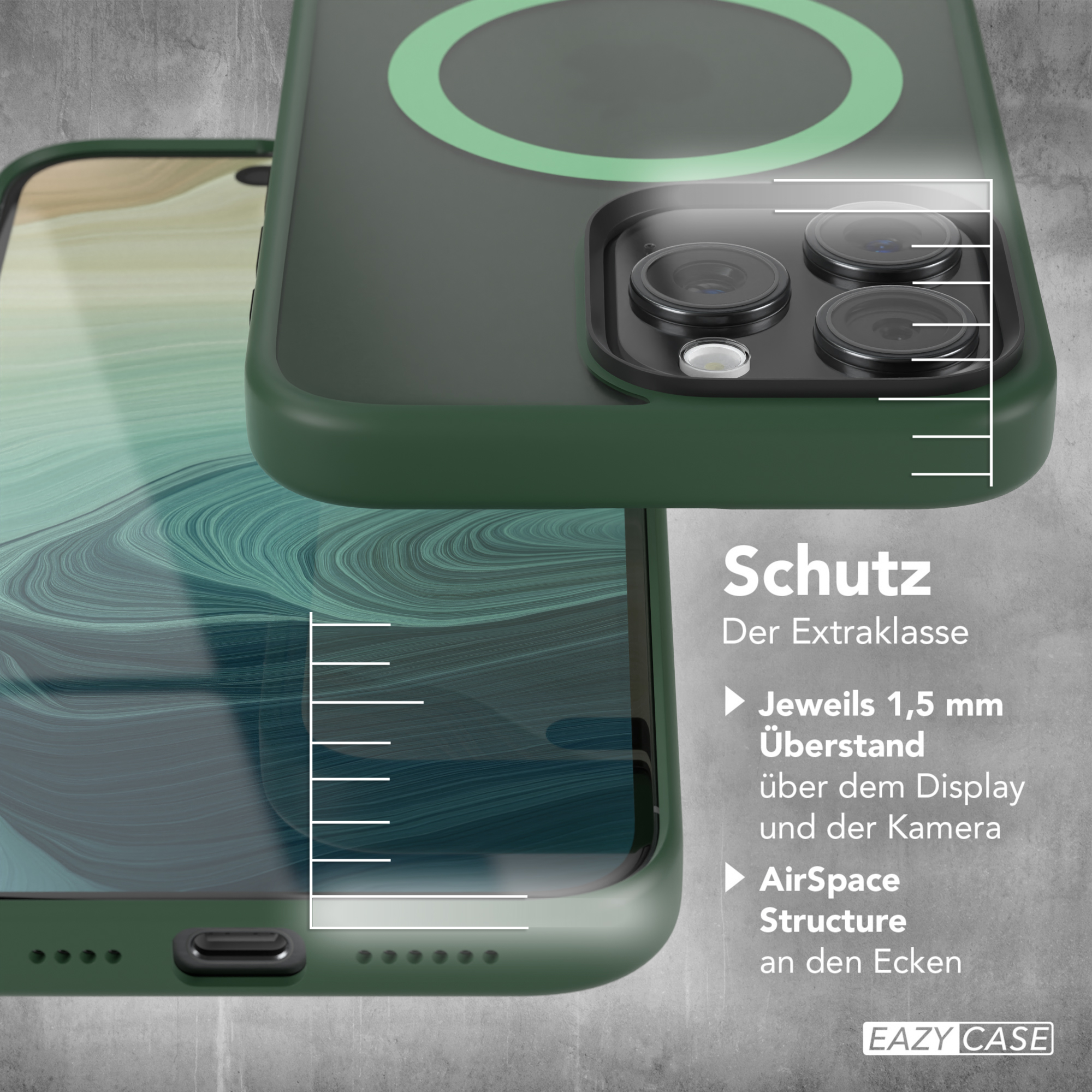 Grüne Handyhülle mit grünem Ring und weißen Linien, die den Schutz anzeigen.