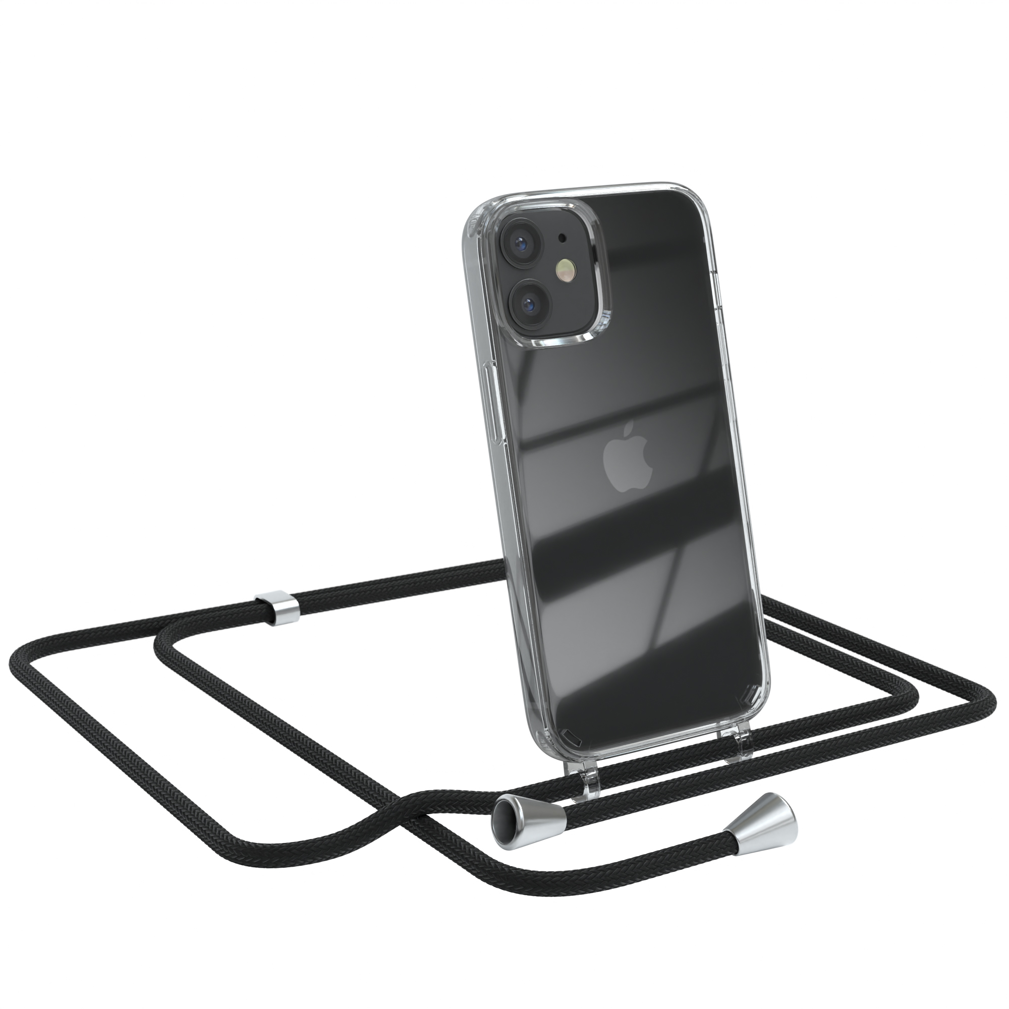 CASE Clear 12 Mini, Cover Umhängetasche, Clips mit Umhängeband, Silber iPhone Schwarz Apple, / EAZY