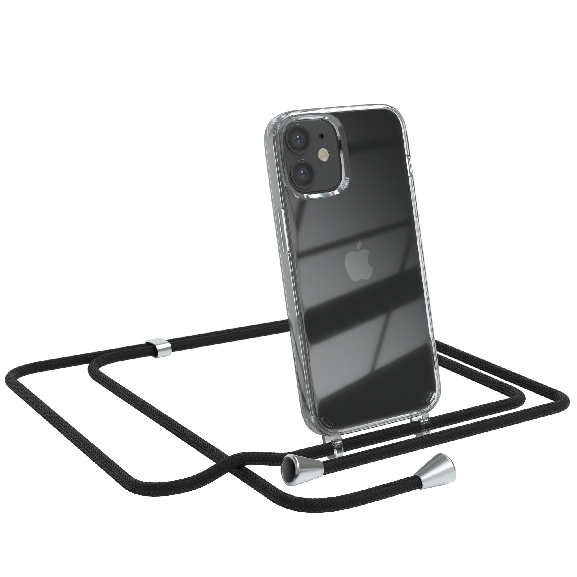 Transparente Handyhülle mit schwarzem Band. Ein Telefon befindet sich in der Hülle.