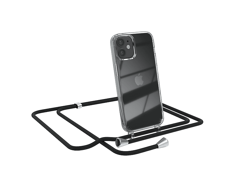 EAZY CASE Clear Cover mit Umhängeband, Umhängetasche, Apple, iPhone 12 Mini, Schwarz / Clips Silber